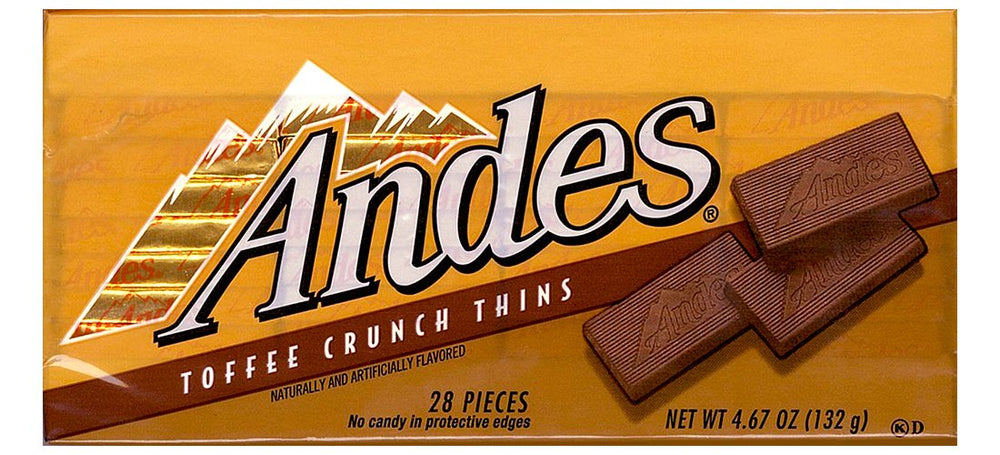 Andes Toffee Crunch Thins 28-count box front view, perfect on-the-go snack.