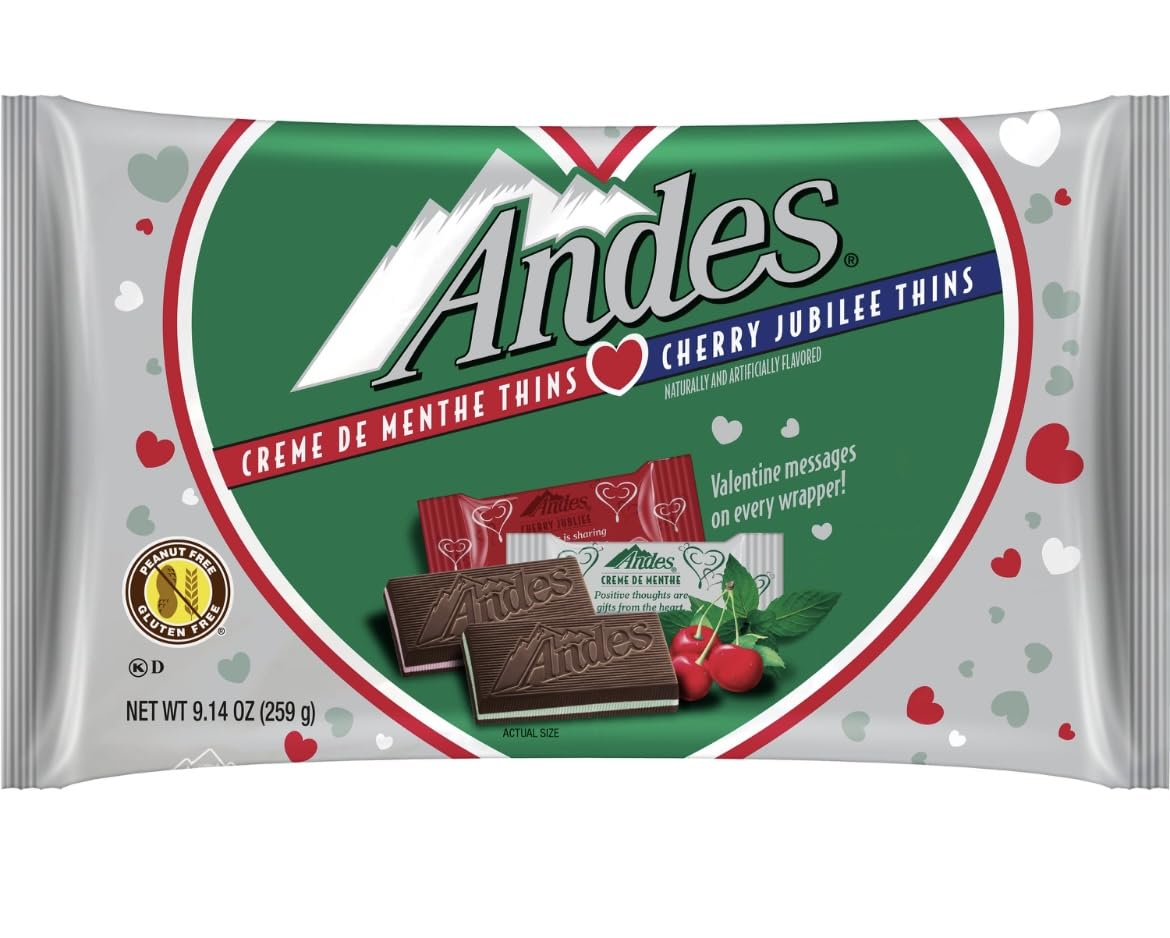 Andes Creme de Menthe Thins in Valentine's bag, ideal gift for mint lovers.