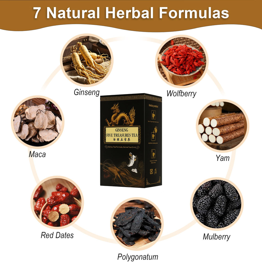 Andonisus herb mix close-up, ginseng, wolfberry, and mulberry visible.