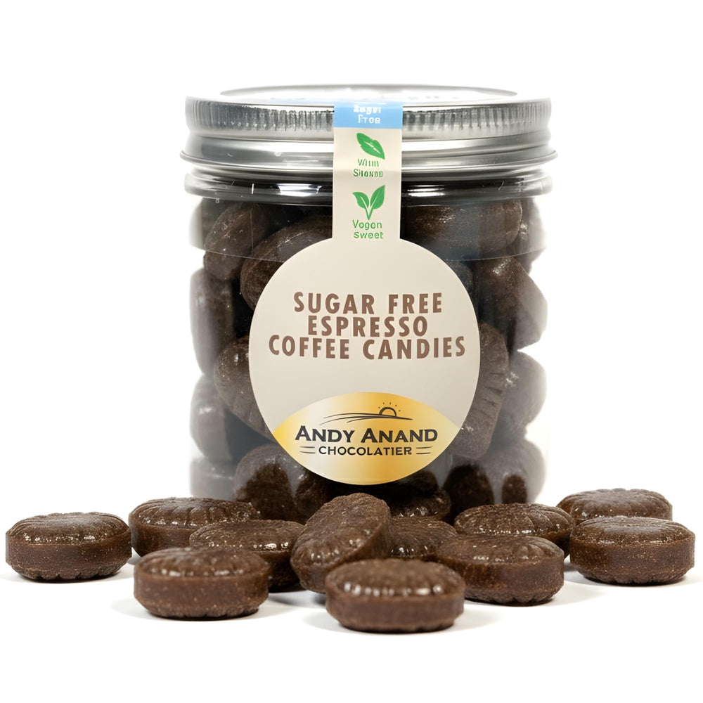 Andy Anand Chocolatier espresso hard candy in a jar, gluten-free and sugar-free indulgence.