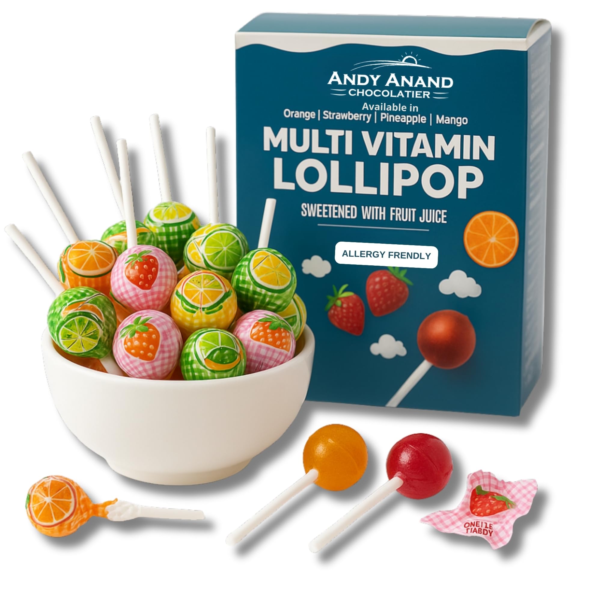 Andy Anand Chocolatier gluten-free multivitamin lollipops in fruity flavors for kids' snacks