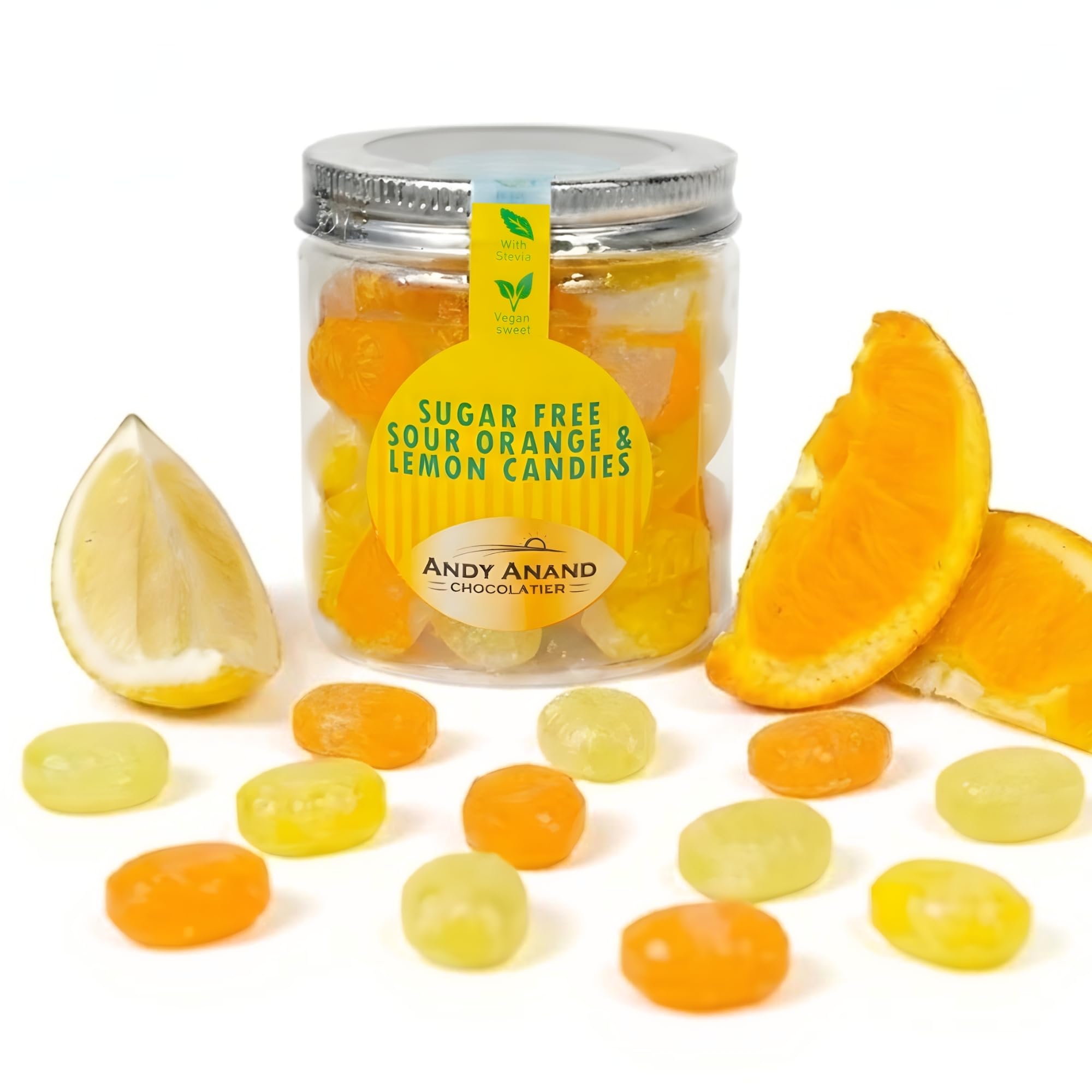 Andy Anand Chocolatier orange-lemon hard candy in wrapper, premium citrus flavor.