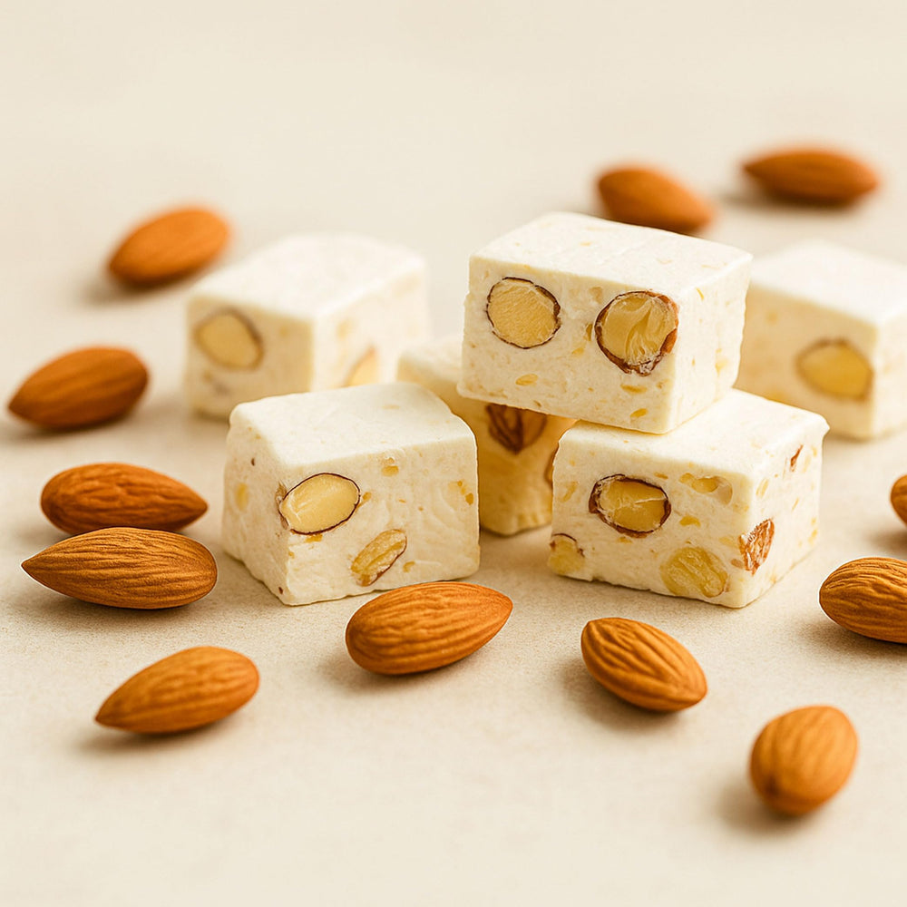 Andy Anand Chocolatier soft nougat texture closeup emphasizes chewy appeal.
