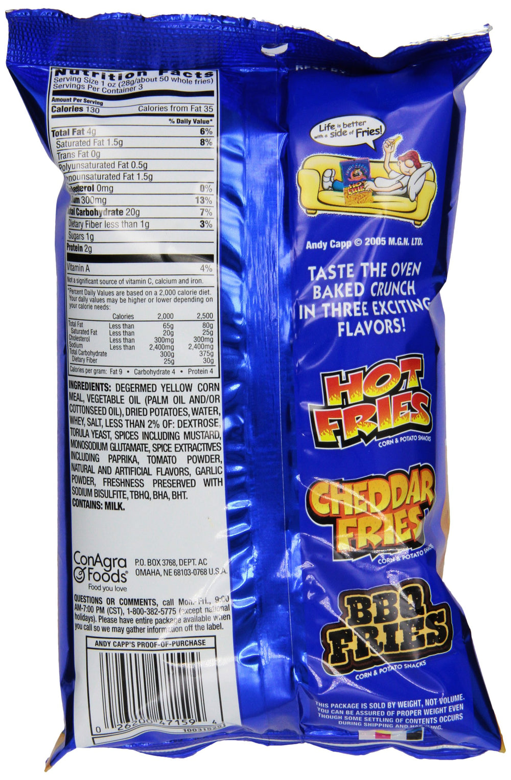 Andy Capp's Hot Fries bag closeup shows spicy kick and crisp texture.