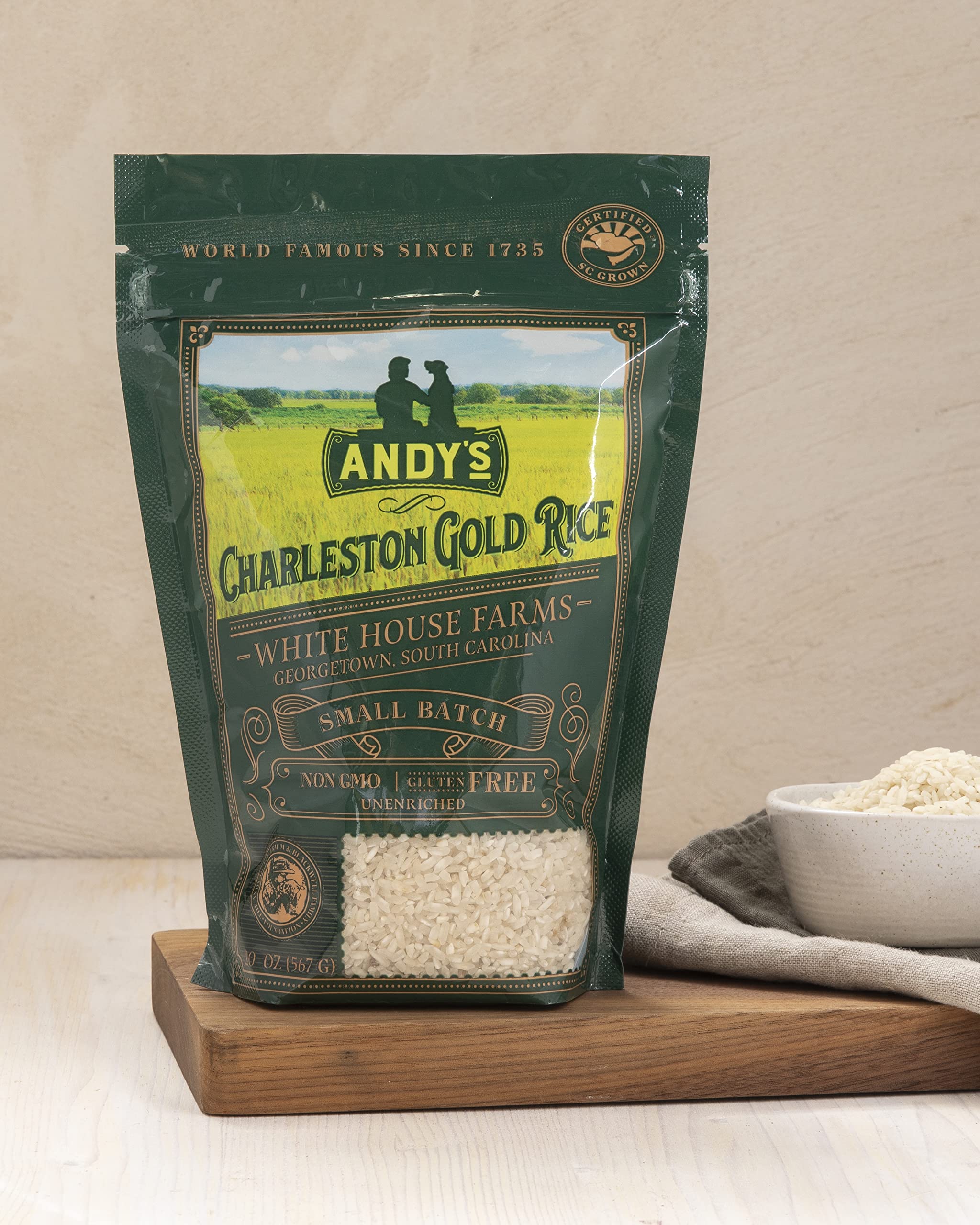 Andy's Carolina Gold Rice bag detail highlighting USA harvest and purity.
