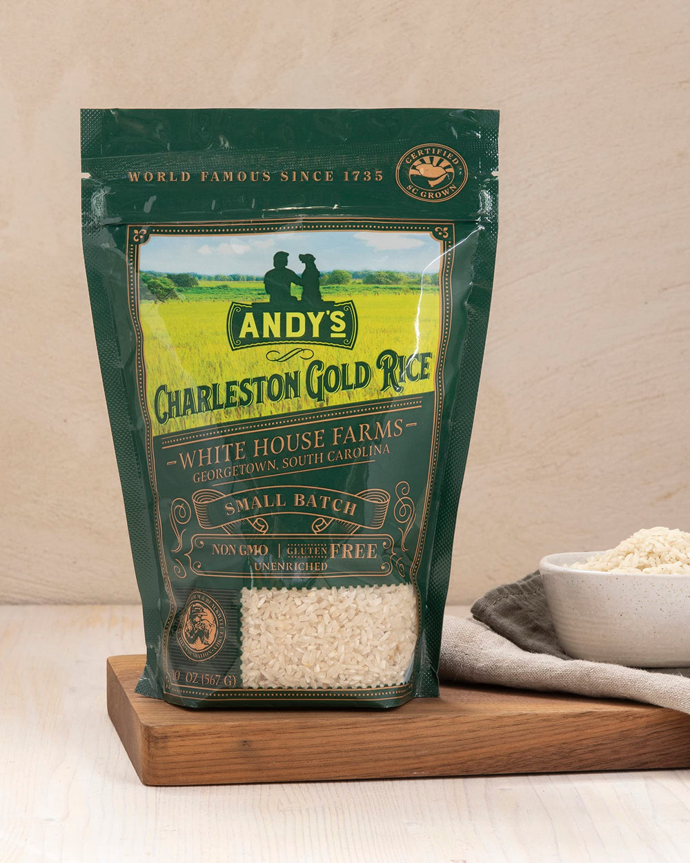 Andy's Carolina Gold Rice bag detail highlighting USA harvest and purity.
