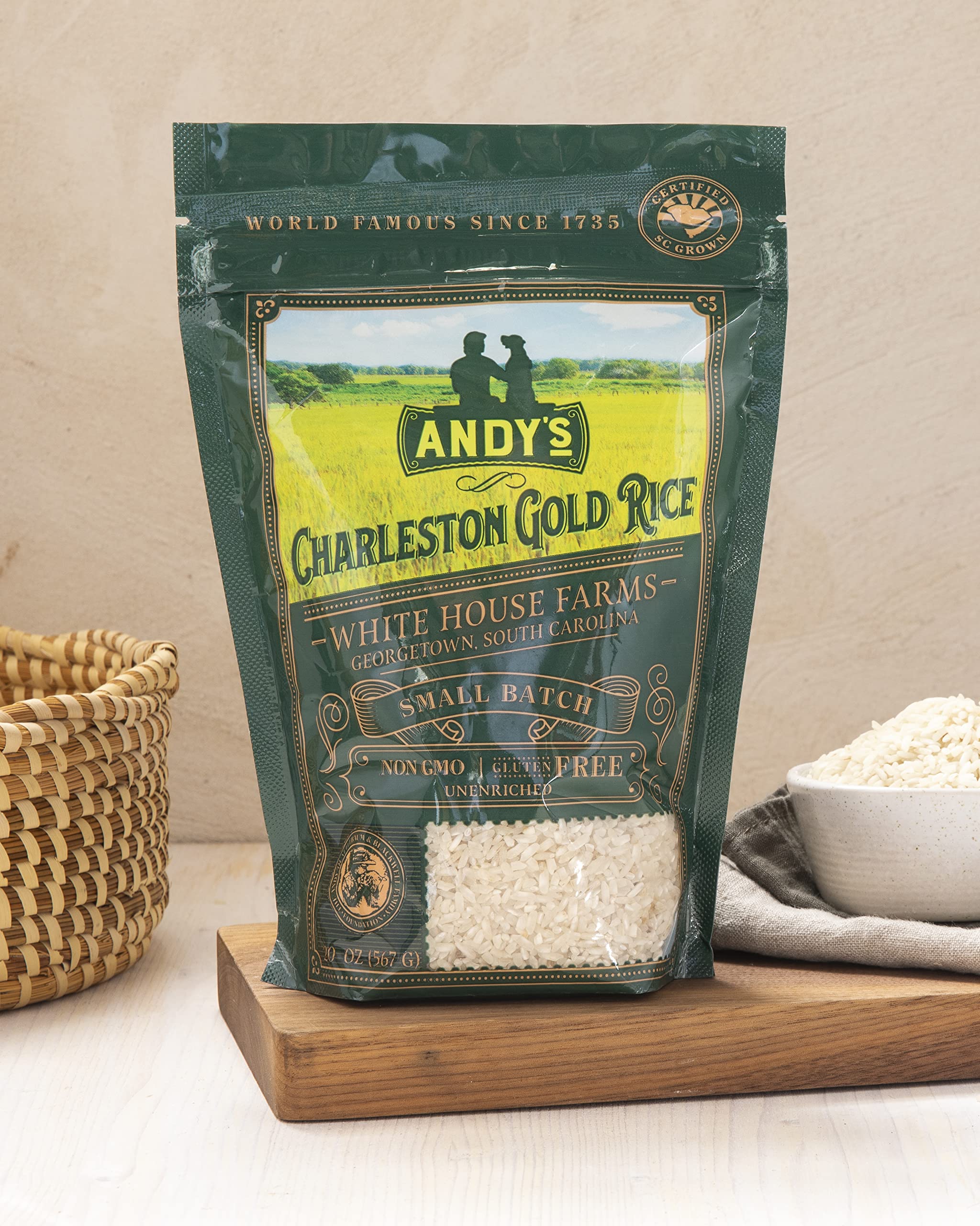 Andy's Carolina Gold Rice cooked-ready bowl with nutty aroma and fluffy grains.