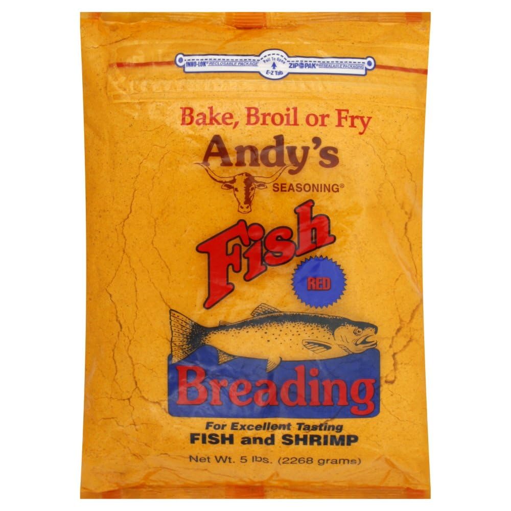 Andy's Red Fish Breading 5-pound bag for versatile bake, fry, or broil seafood.