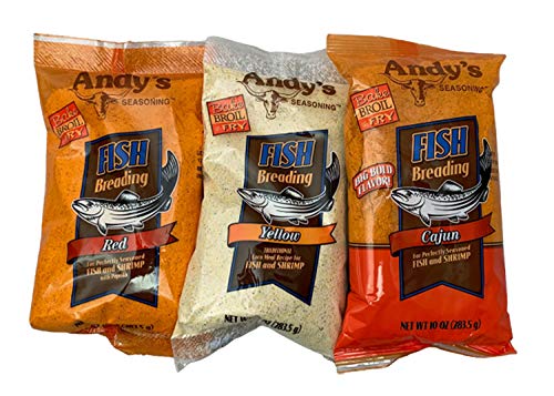 Andy's Seasoning Fish Breading 3-pack display for easy, flavorful home frying.