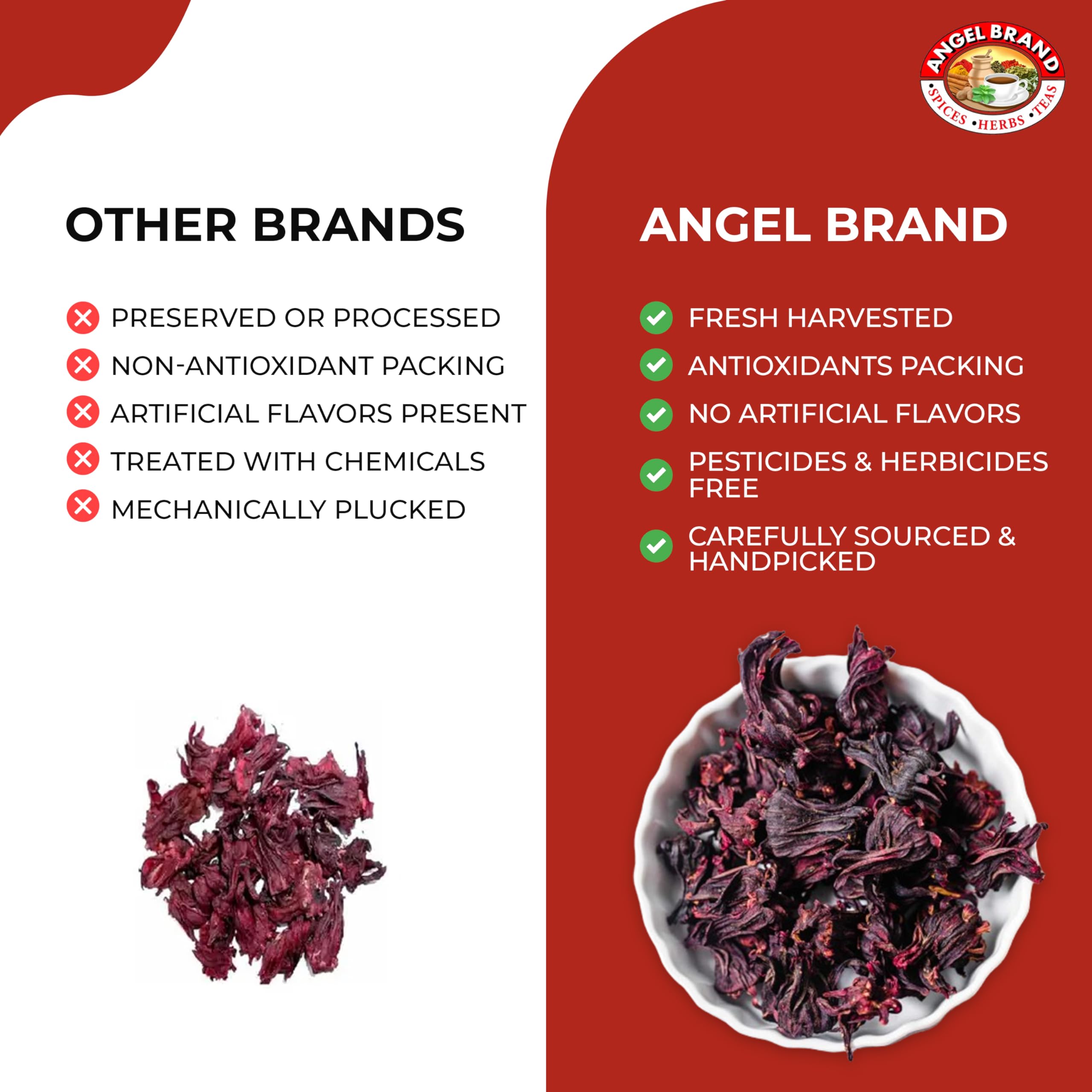 Angel Brand hibiscus tea infusing in hot water with vivid color and aroma.