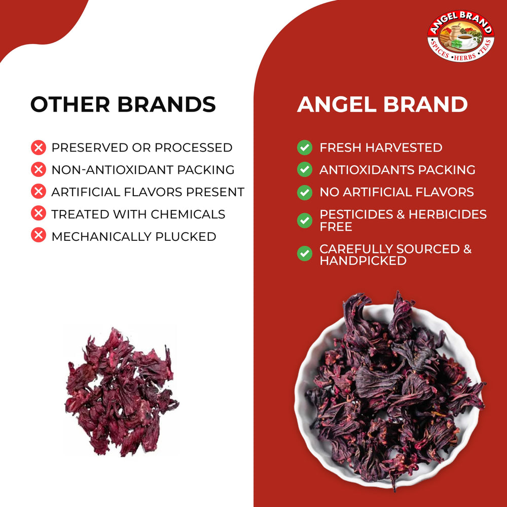 Angel Brand hibiscus tea infusing in hot water with vivid color and aroma.