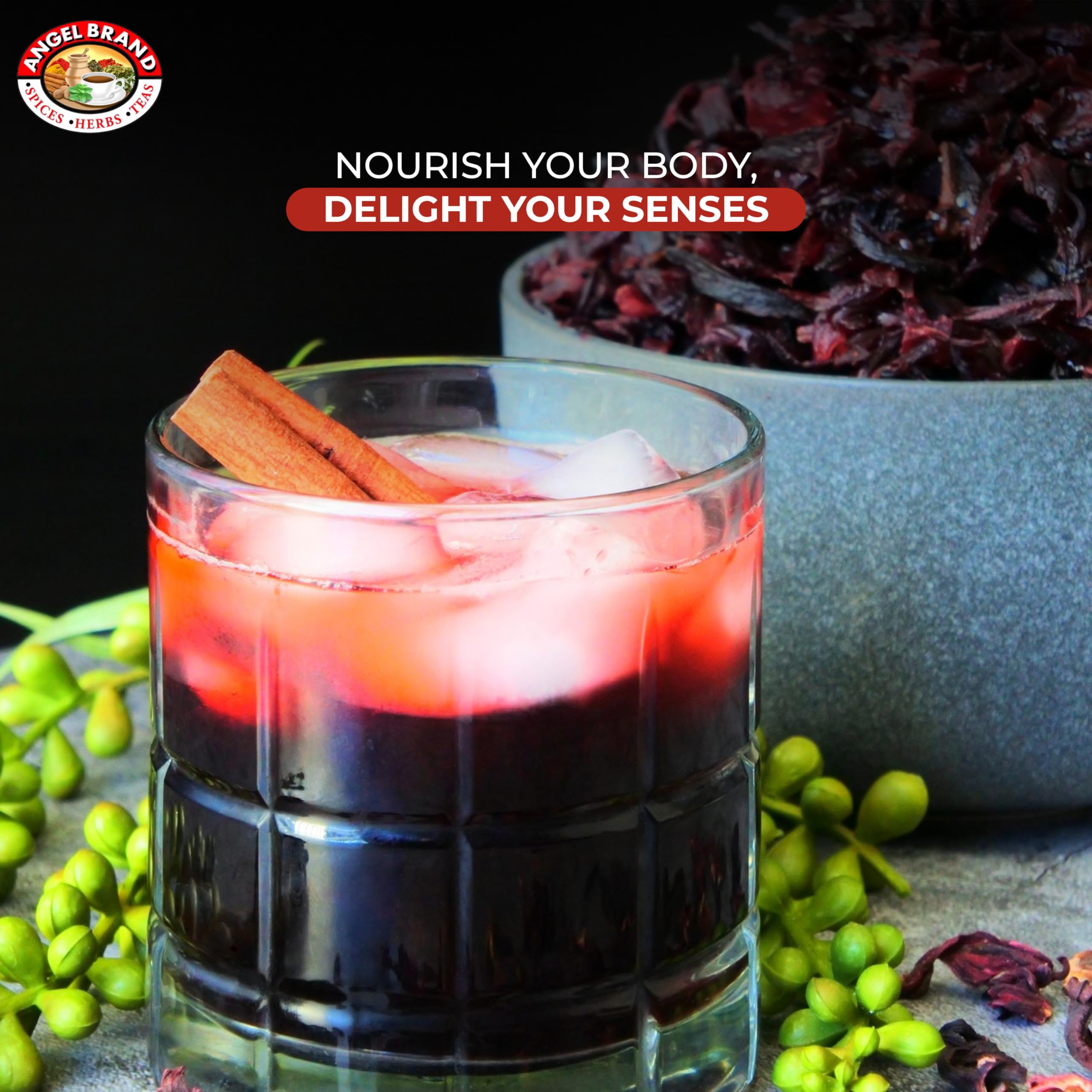 Angel Brand hibiscus tea served in glass highlighting ruby hue and inviting aroma.