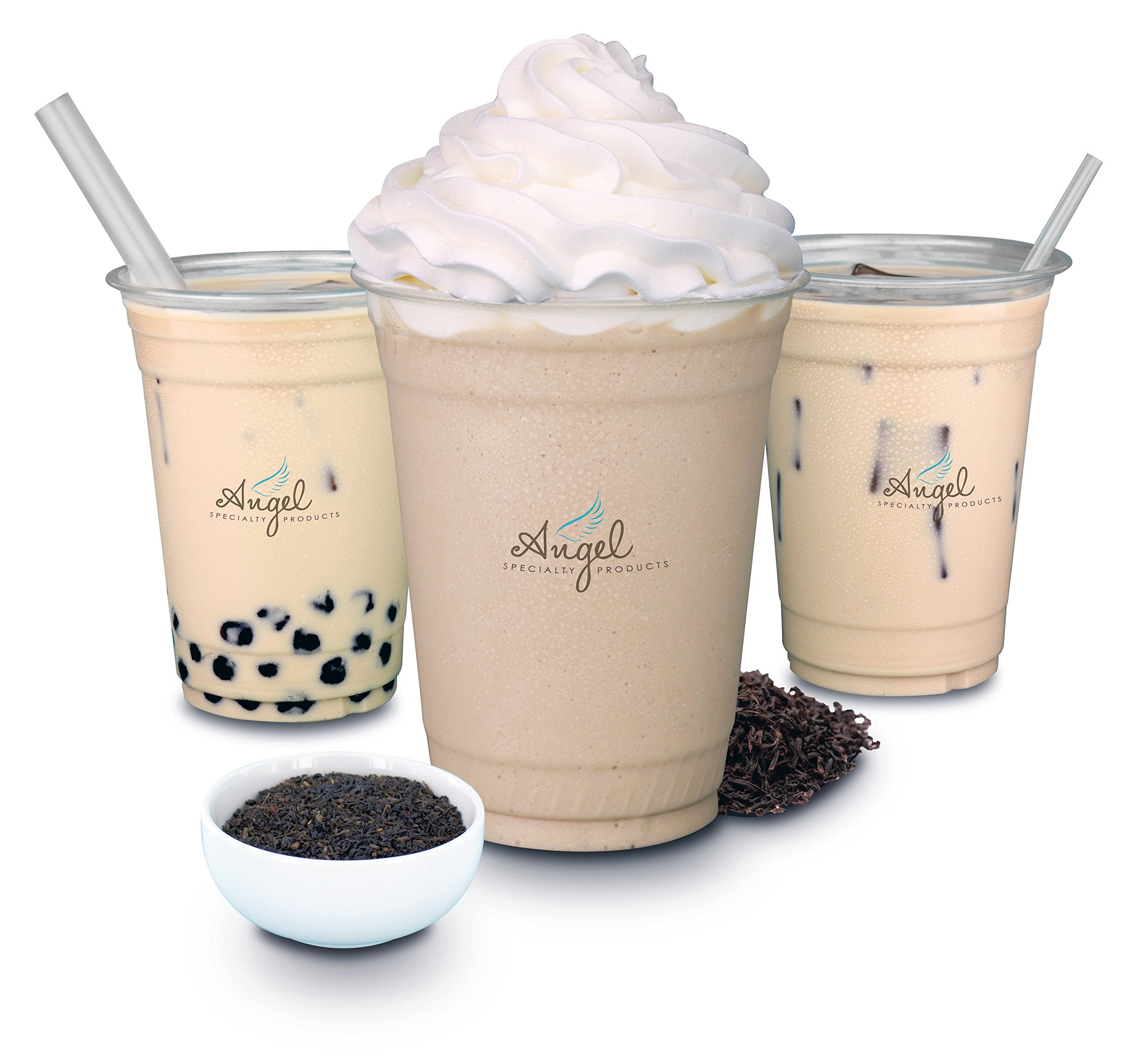 Angel Milk Tea Mix with bubble tea pearls for customizable boba drinks.
