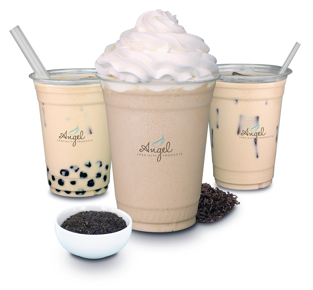 Angel Milk Tea Mix with bubble tea pearls for customizable boba drinks.