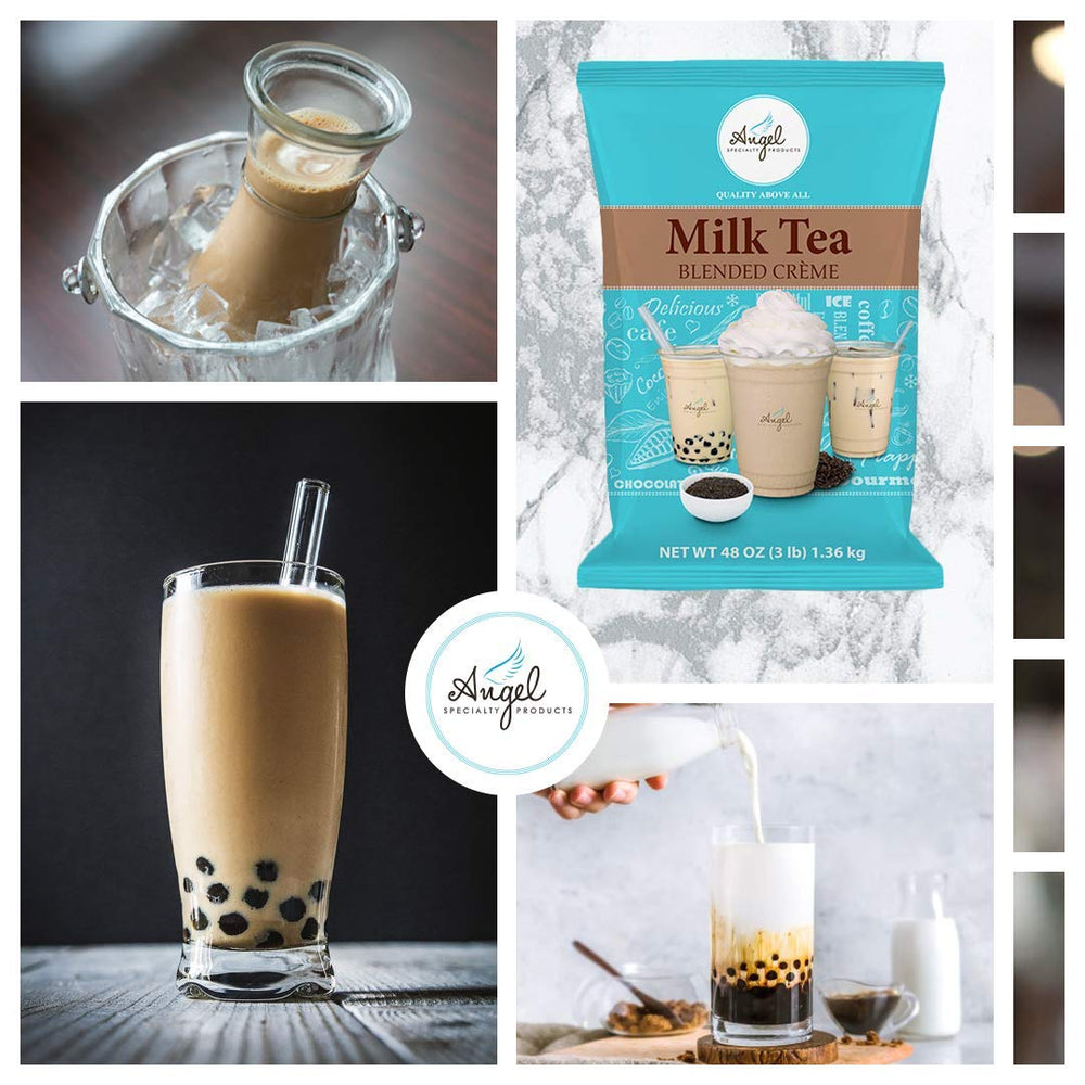 Angel Milk Tea Mix for frappé preparation in cafe-style beverages.