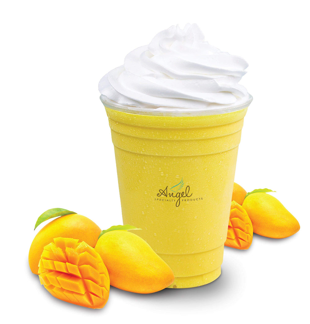 Cup of mango frappé made with Angel Specialty blend.