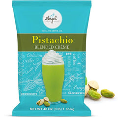 Angel Specialty Pistachio Blended Creme Mix bag showcases convenient 3 lb packaging for home or cafe use.