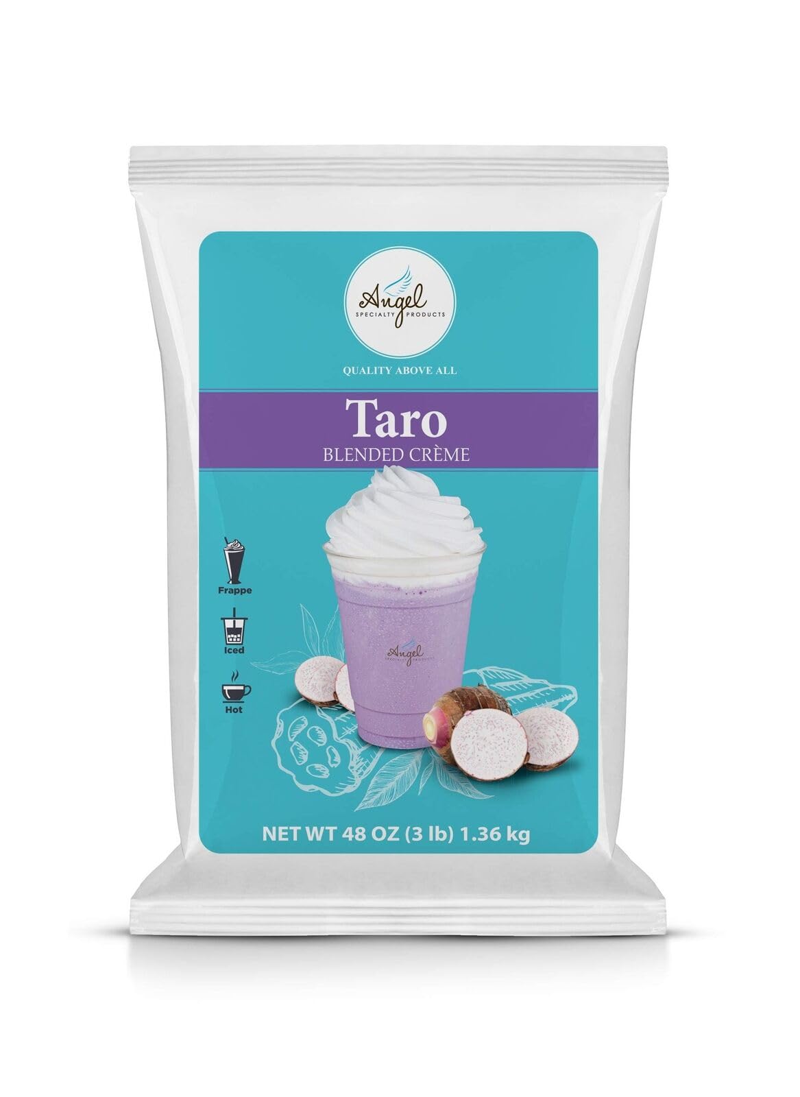 Angel Specialty Taro Blended Creme bubble tea base for authentic drinks.