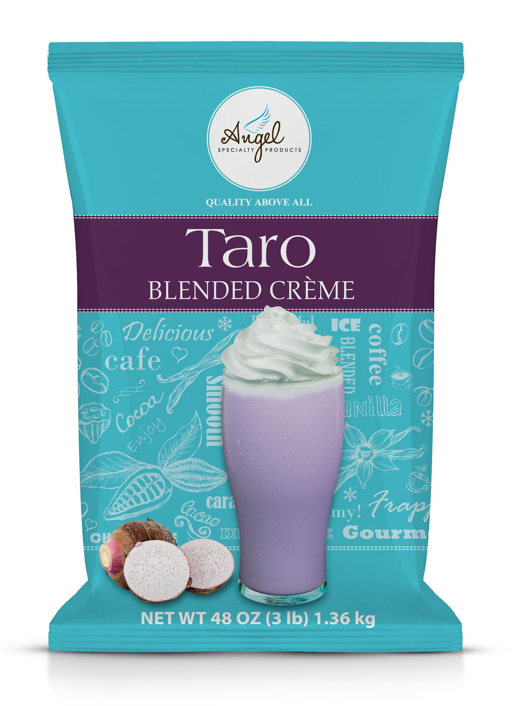 Angel Specialty Taro Blended Creme powder bag for versatile beverage bases and home barista creativity.