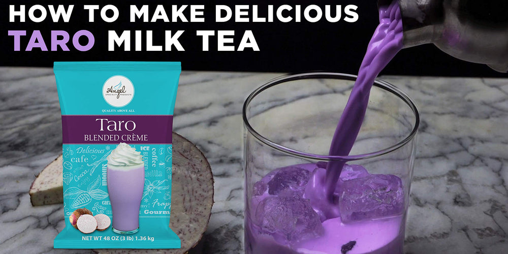 Angel Specialty Taro Blended Creme quick-dissolve powder for hot or iced beverages.
