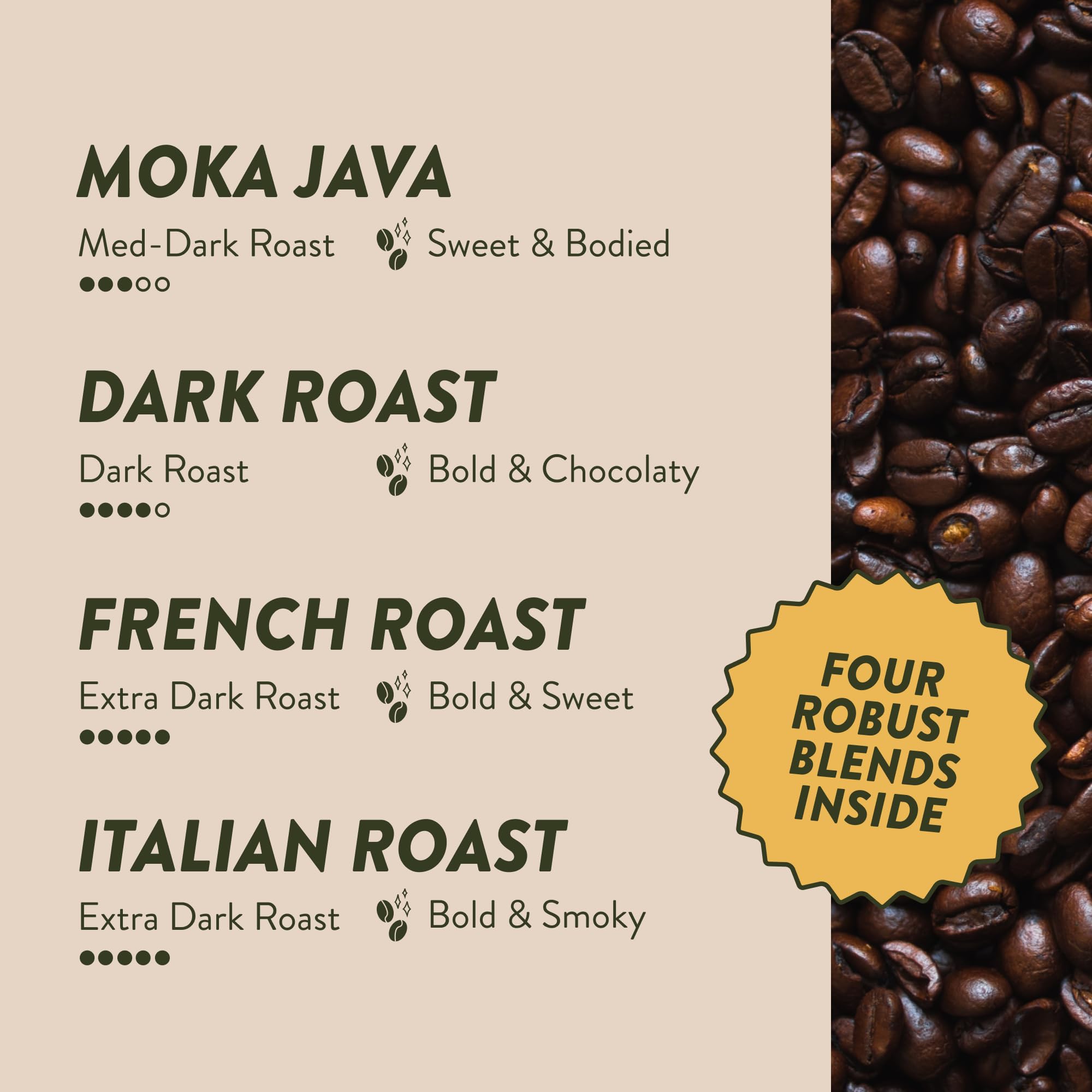 Angelino's Coffee French Roast pods deliver smoky notes in a convenient box.