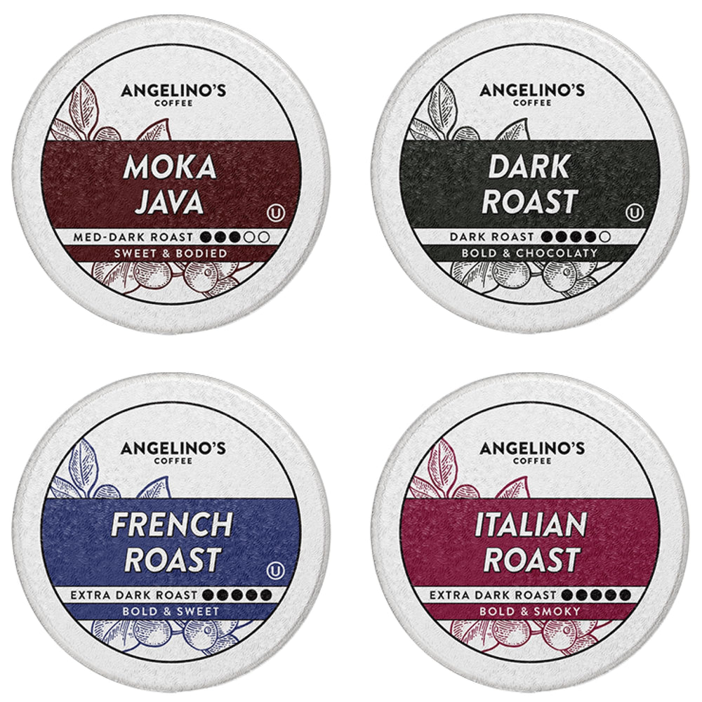 Angelino's Coffee Moka Java pods in a 96-count box for bold mornings.