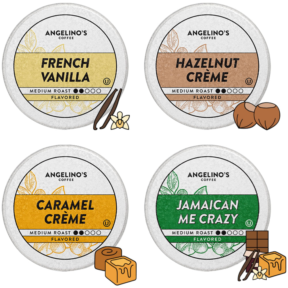 Angelino's Coffee 96-count flavored variety box for quick Keurig brewing.