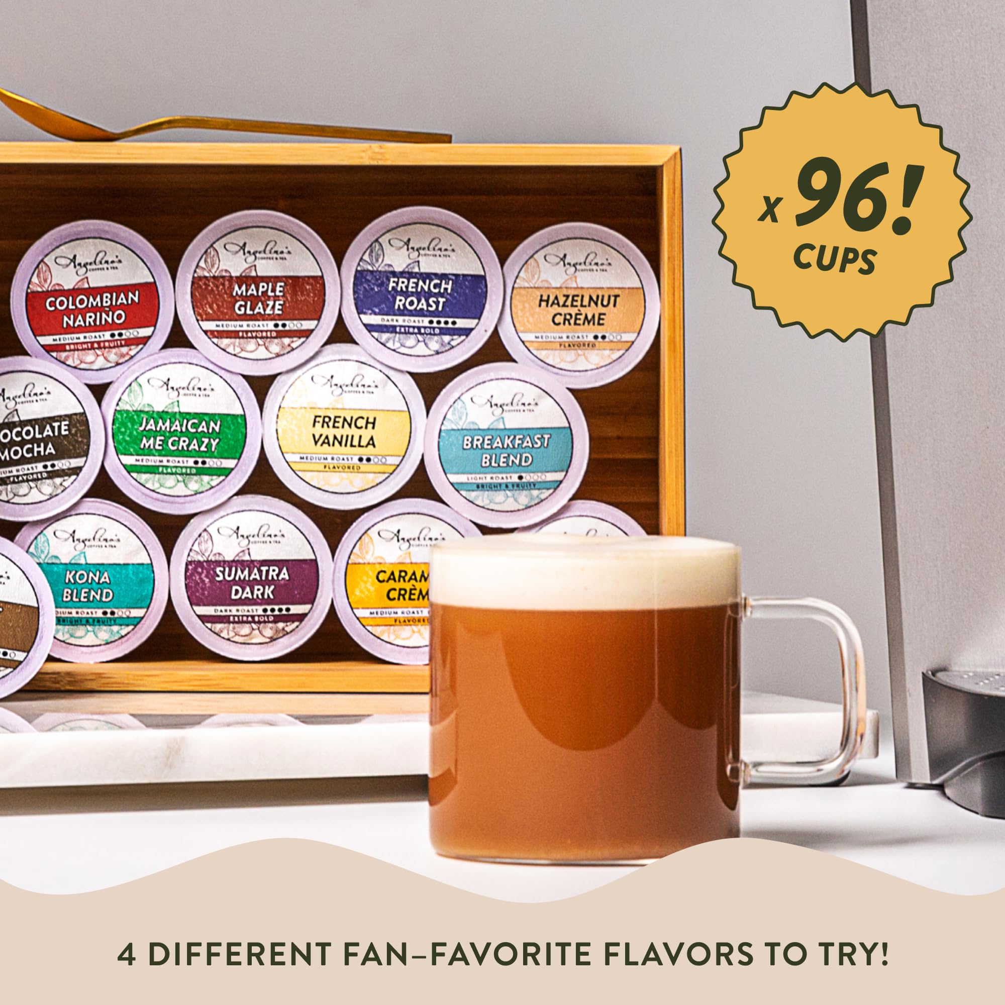 Angelino's Caramel Crème K-Cup display, dessert-inspired aroma.