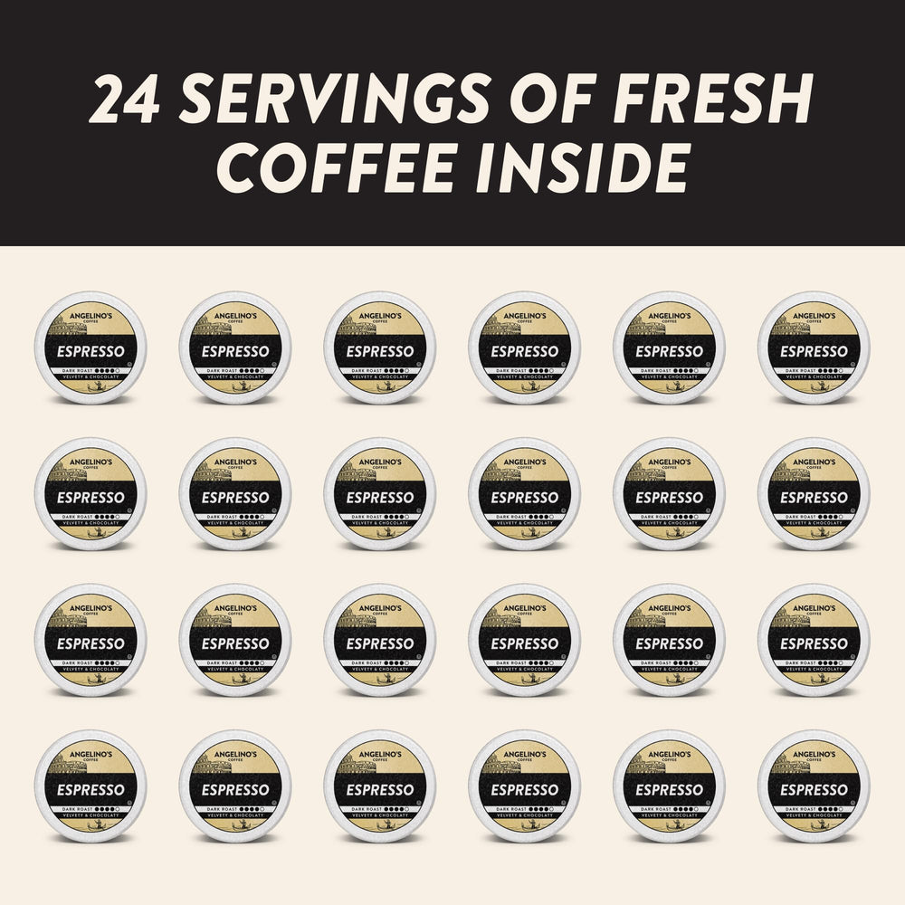 Angelino's Coffee espresso pods Keurig-compatible for convenient single-serve mornings.
