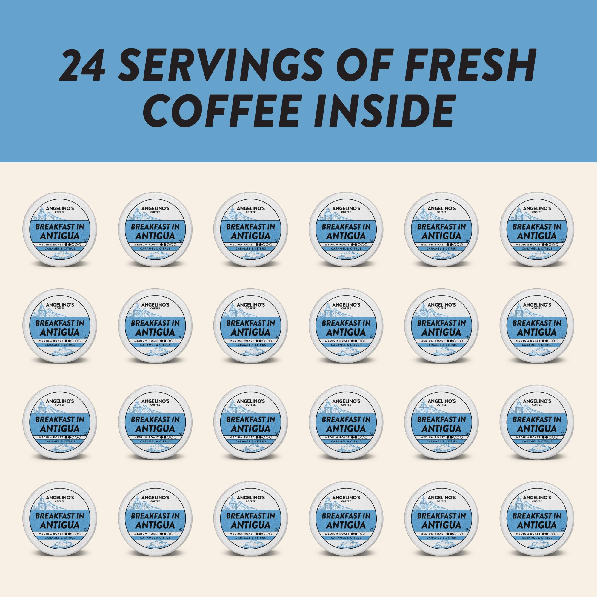 Angelino's Breakfast Antigua pods shown with Keurig brewer for seamless compatibility