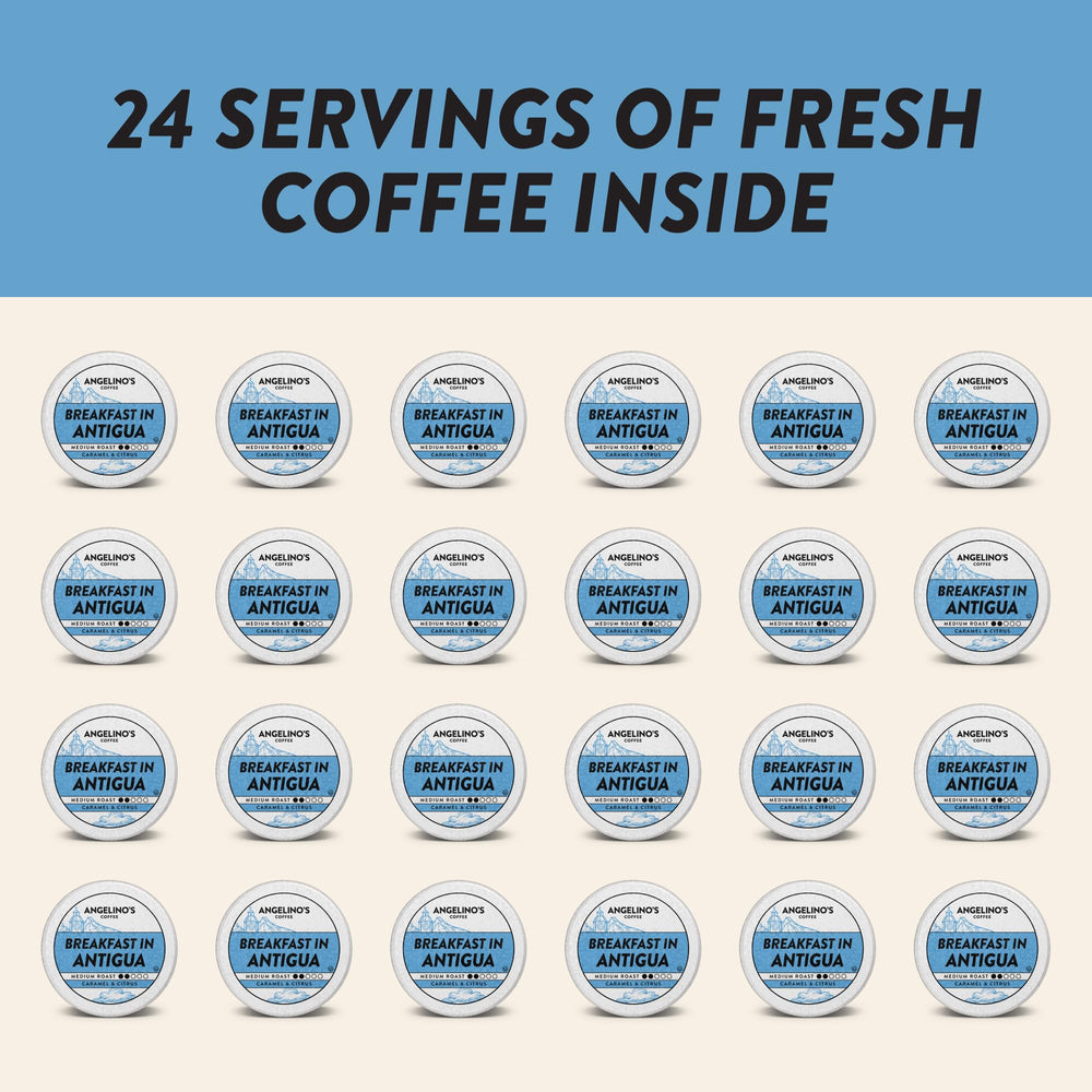 Angelino's Breakfast Antigua pods shown with Keurig brewer for seamless compatibility