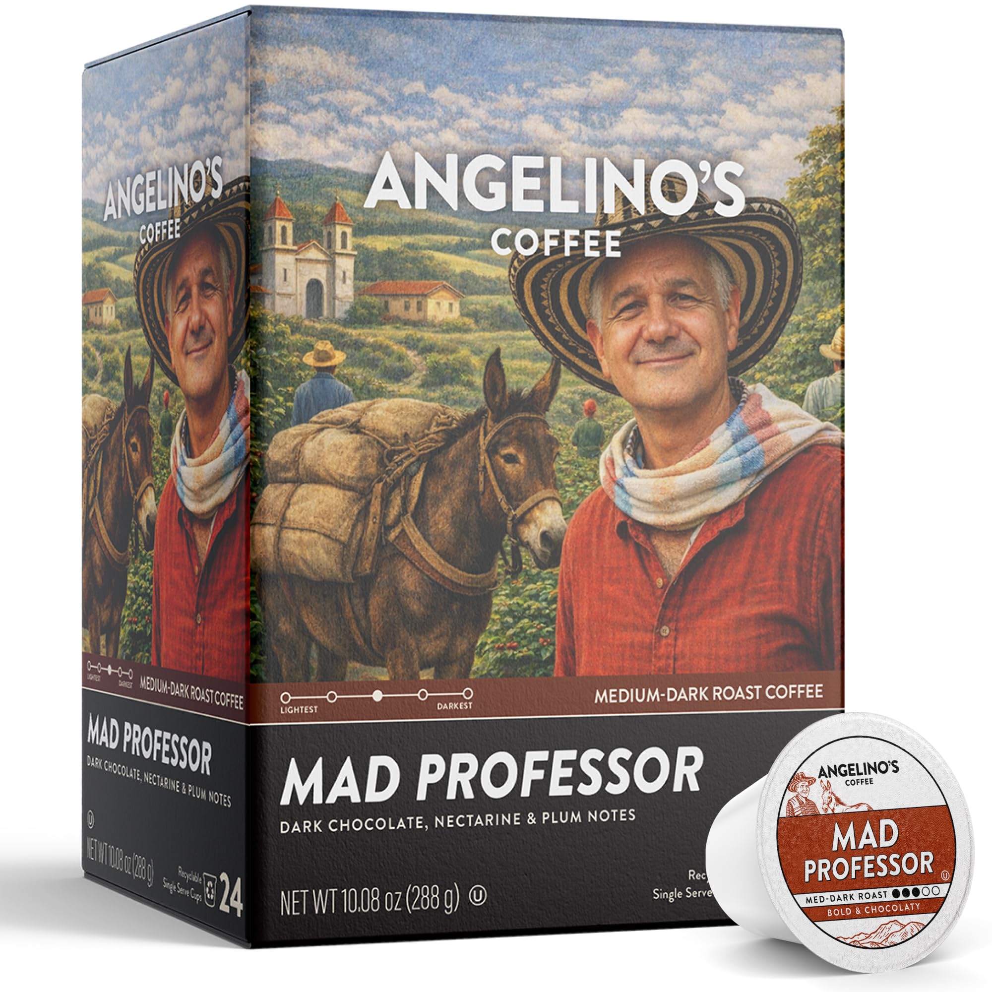 Angelino's Coffee Mad Professor Reserve box shows premium medium-dark roast.