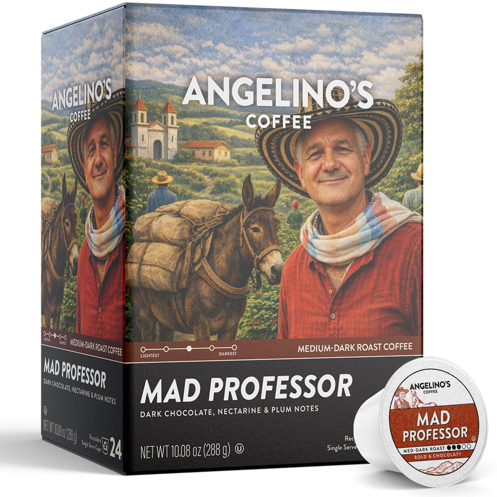 Angelino's Coffee Mad Professor Reserve box shows premium medium-dark roast.