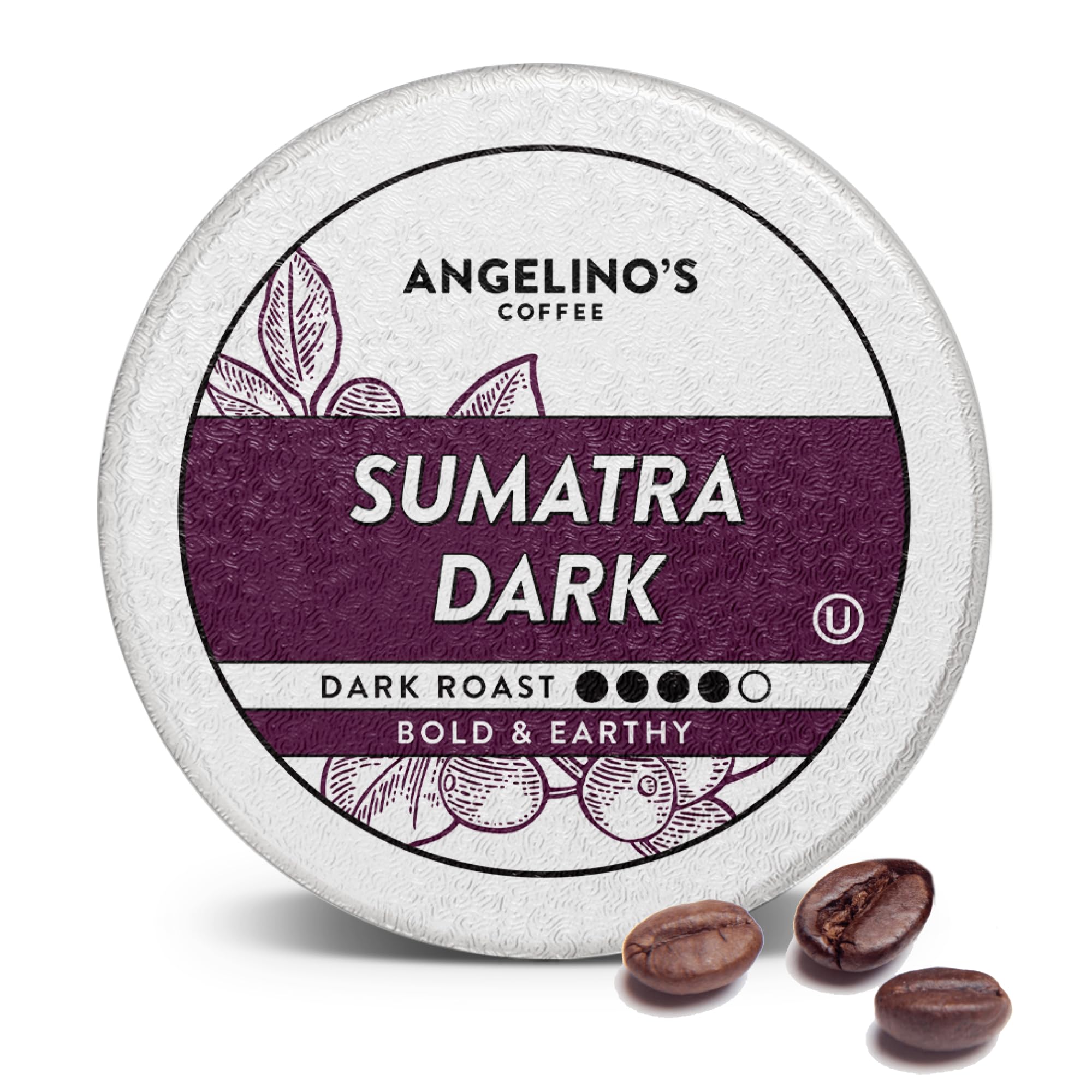 Angelino's Coffee Sumatra Dark pod in a 96-count box for Keurig brewers