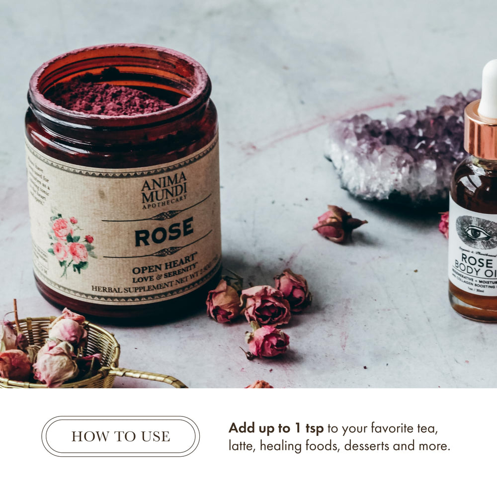 Anima Mundi dried rose petals and buds ready for culinary use in this powder blend.