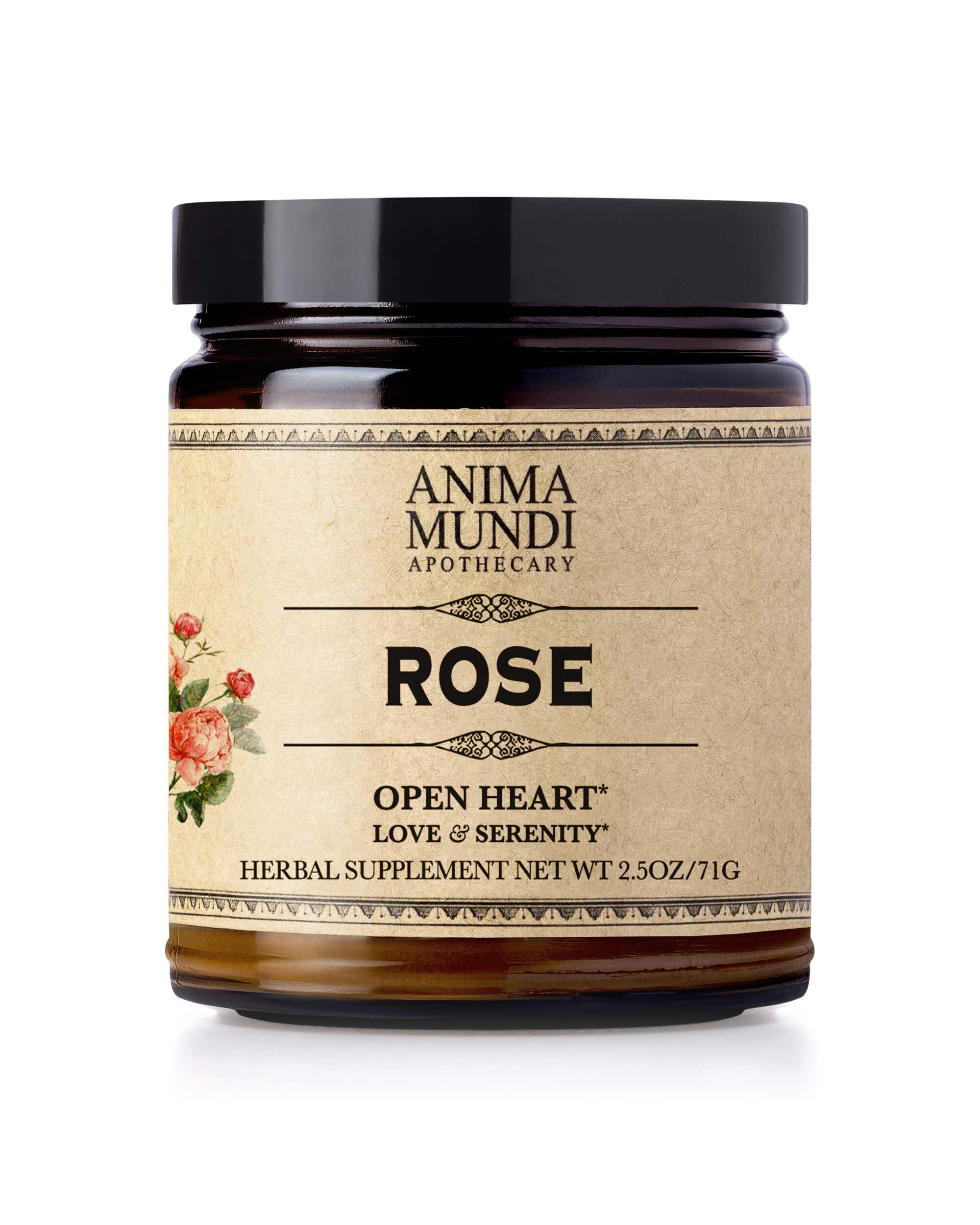 Anima Mundi Love + Serenity rose petal powder bottle for calming tea rituals.