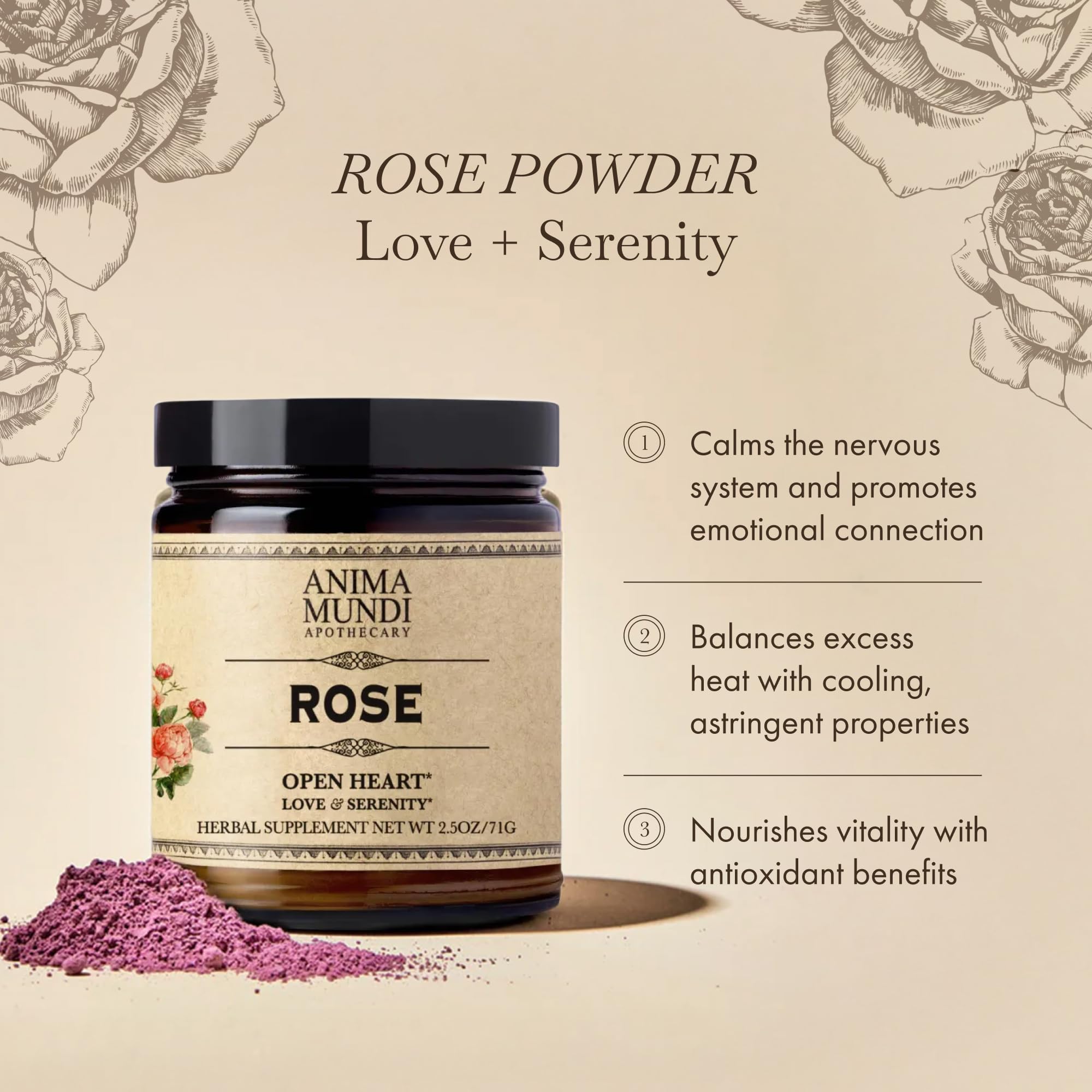 Anima Mundi Love + Serenity rose petal powder in a teacup for fragrant blends.