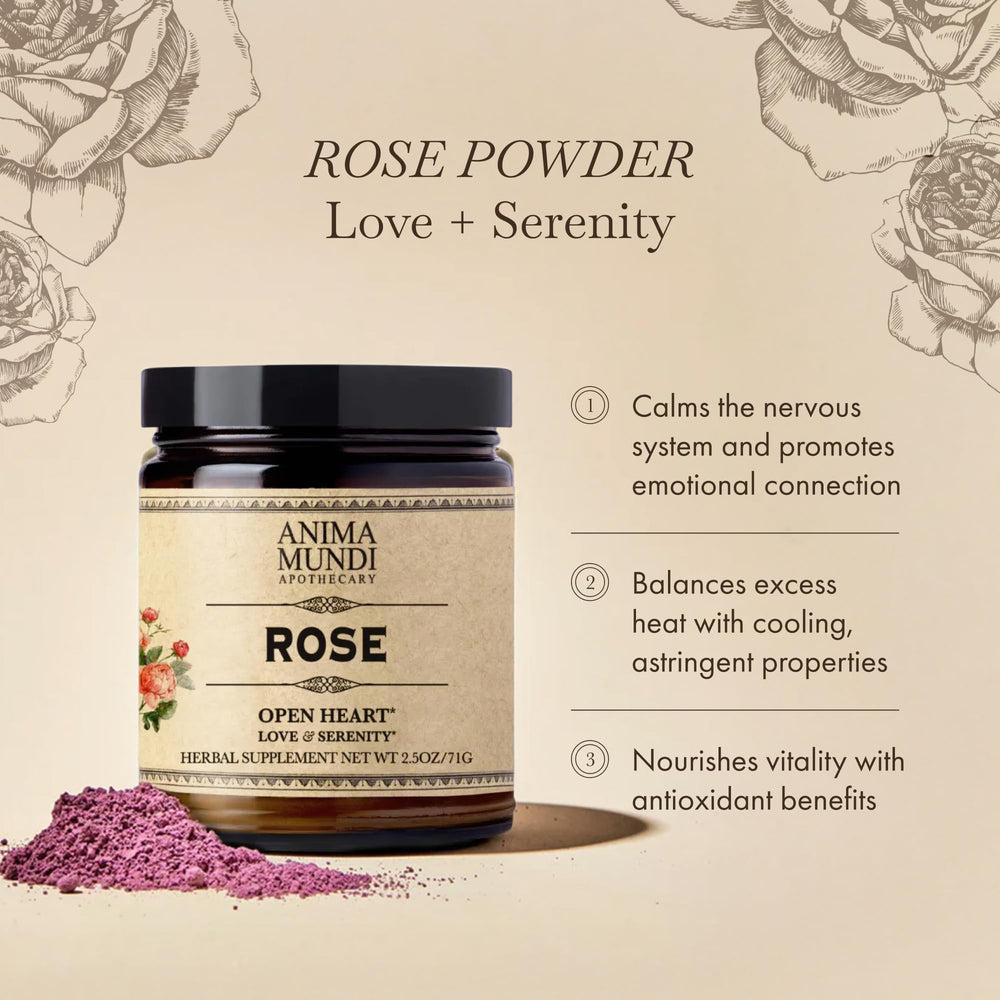 Anima Mundi Love + Serenity rose petal powder in a teacup for fragrant blends.