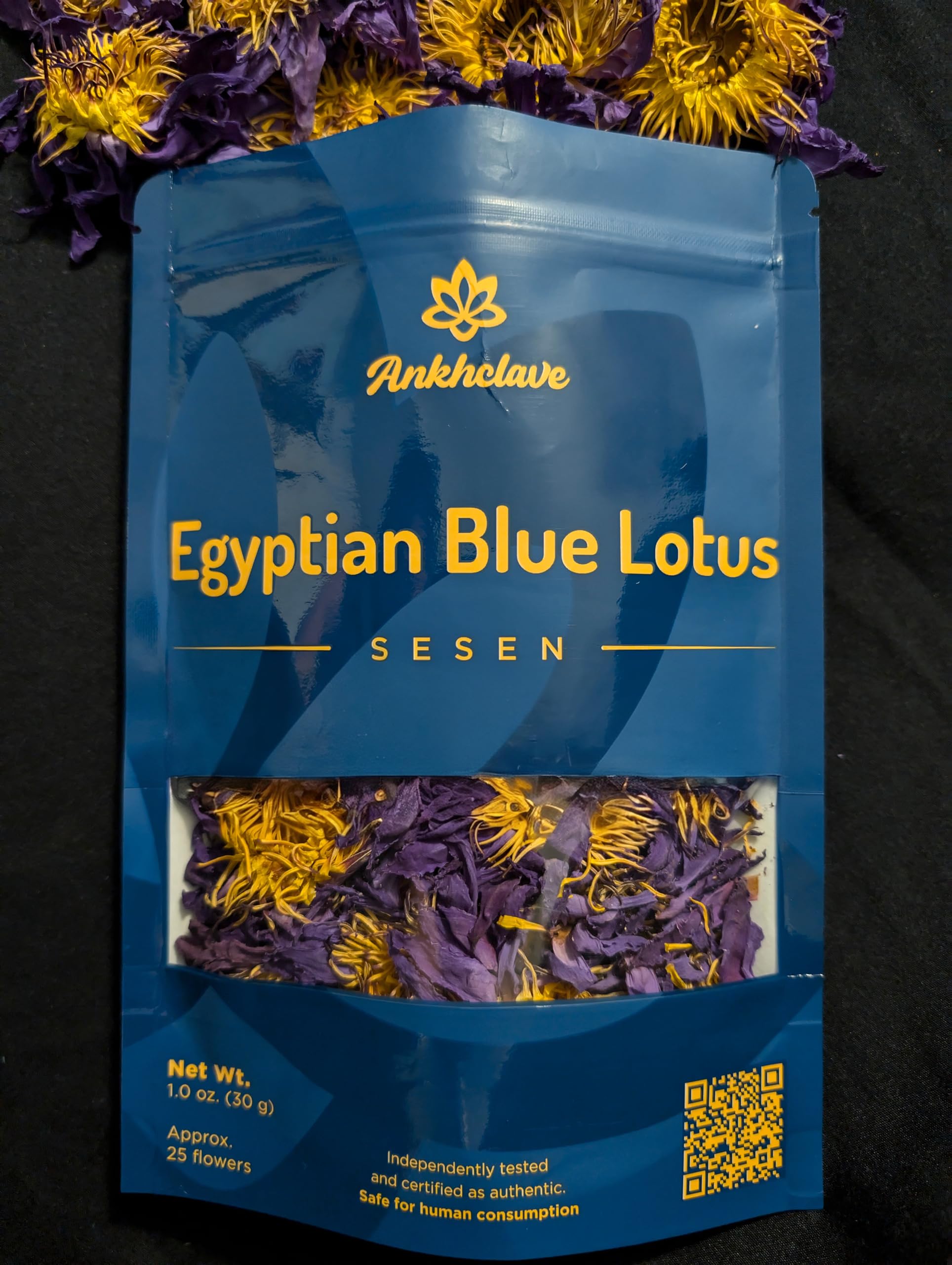 Ankhclave Sesen lotus flower tea bag ready to brew, ideal for a calming ritual.