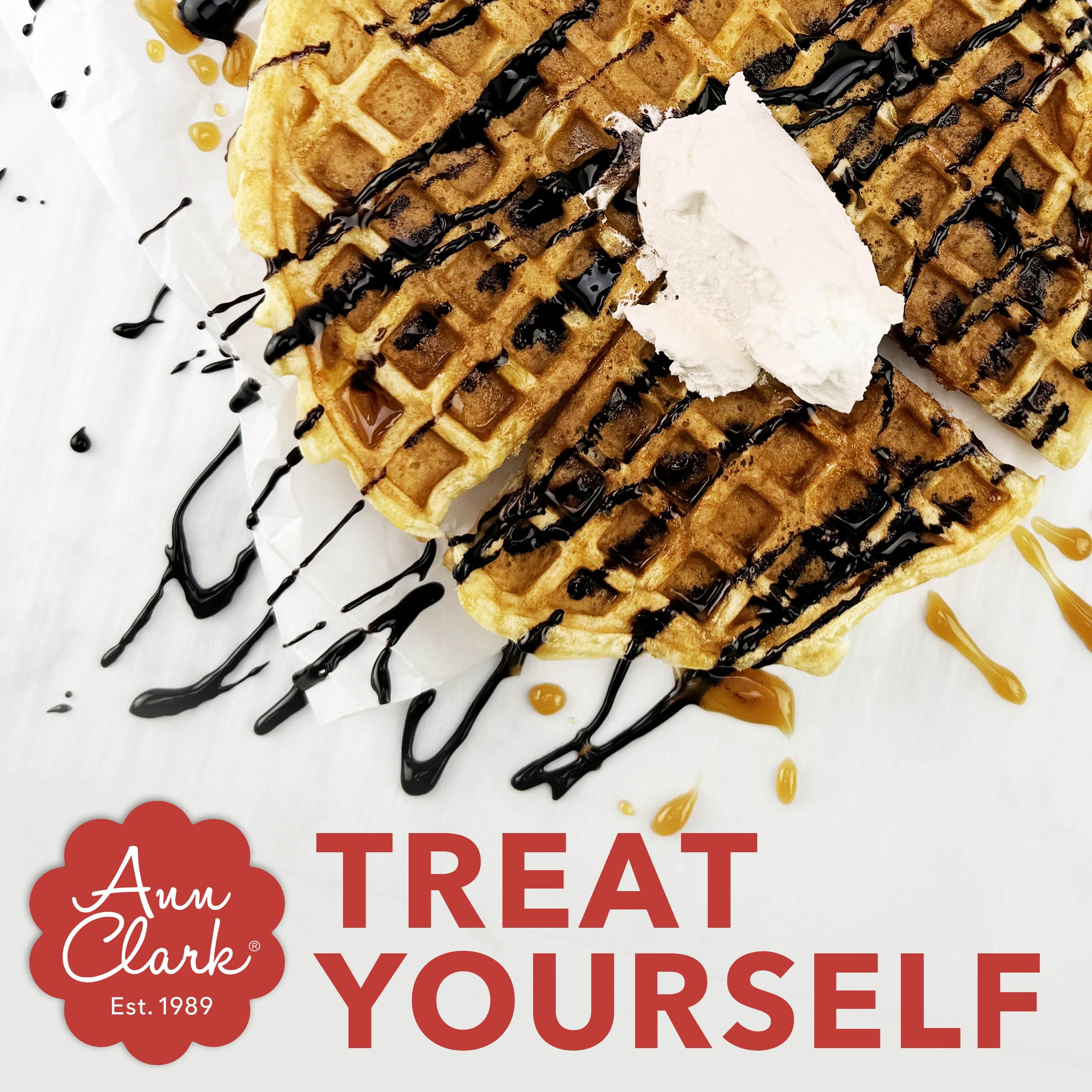 Ann Clark waffles cooking on a waffle iron turning golden and crisp