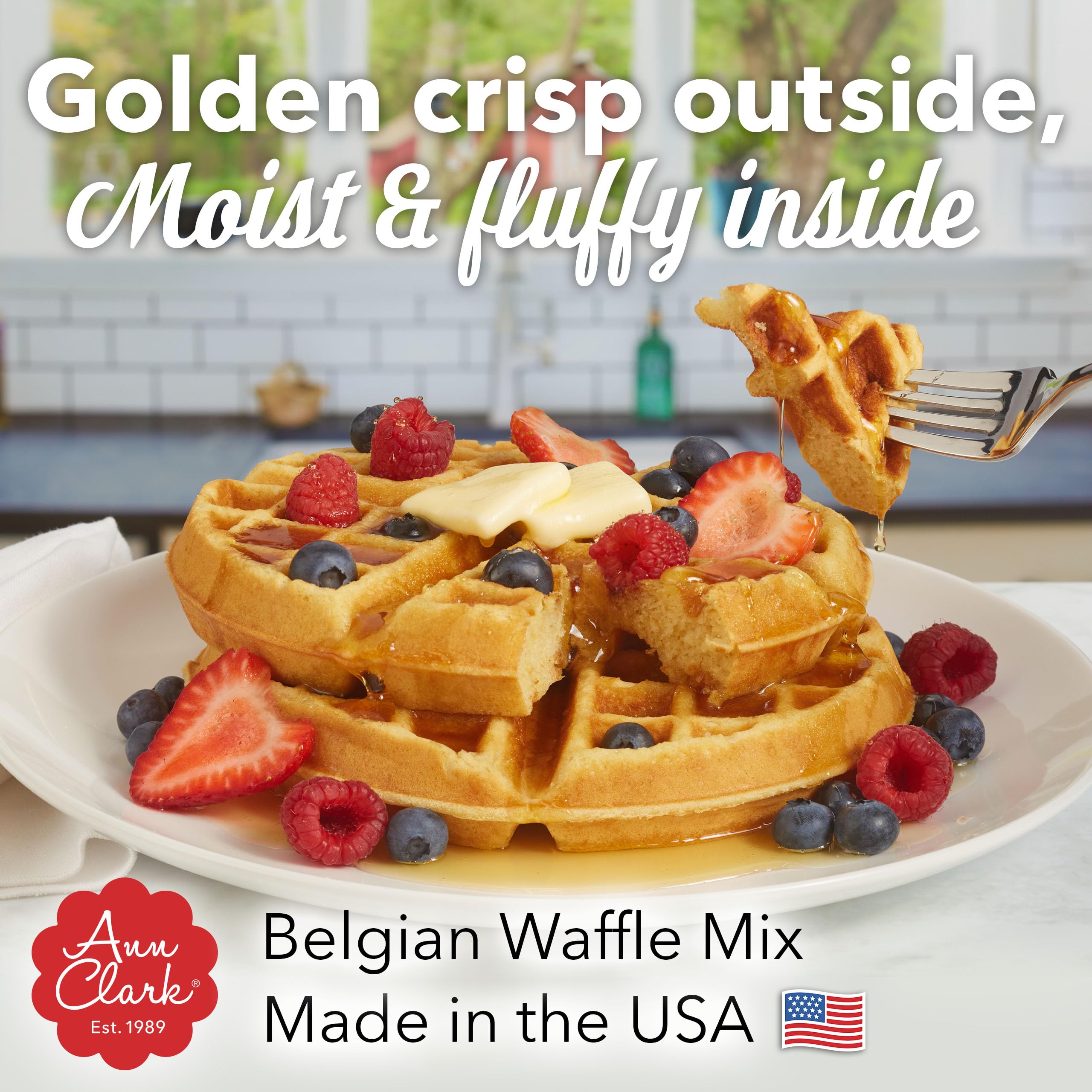 Family enjoys a warm Belgian waffle breakfast with Ann Clark mix
