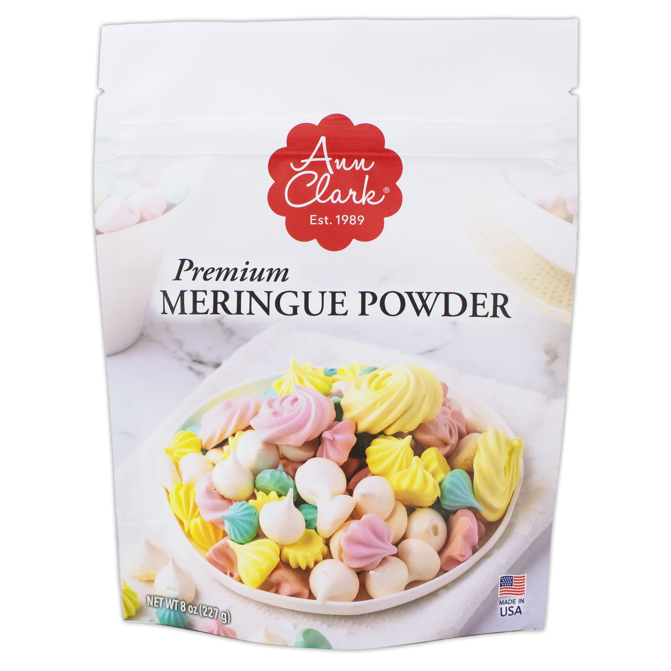 Ann Clark Meringue Powder front packaging, premium USA-made quality for light desserts.