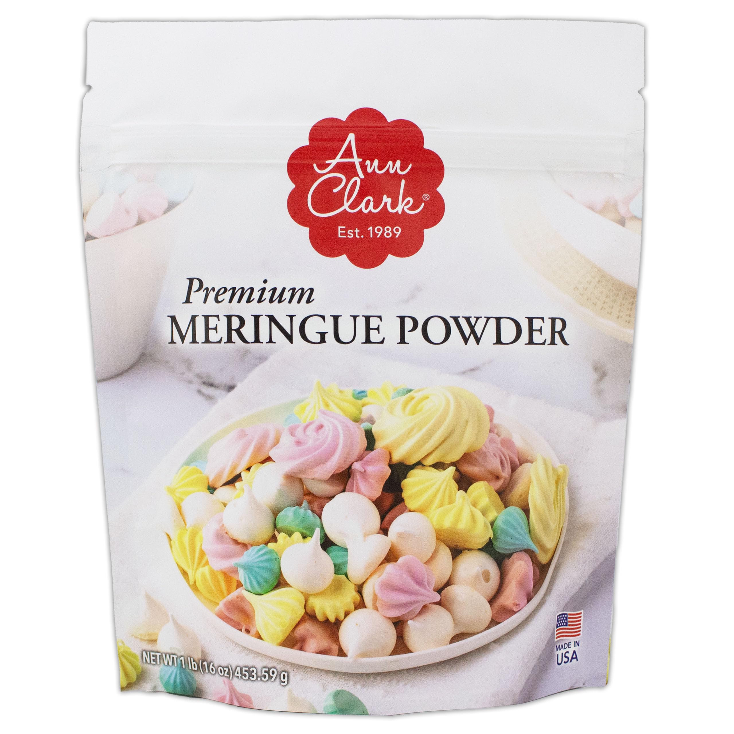Ann Clark Meringue Powder packaging highlights premium mix for reliable baking results.
