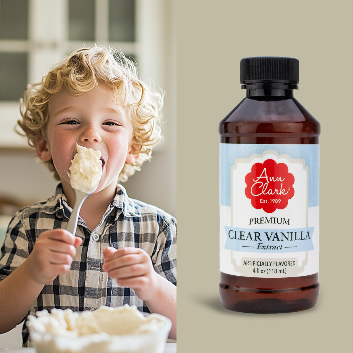 Ann Clark Premium Clear Vanilla Extract bottle pour demonstrates color-free vanilla for baking.