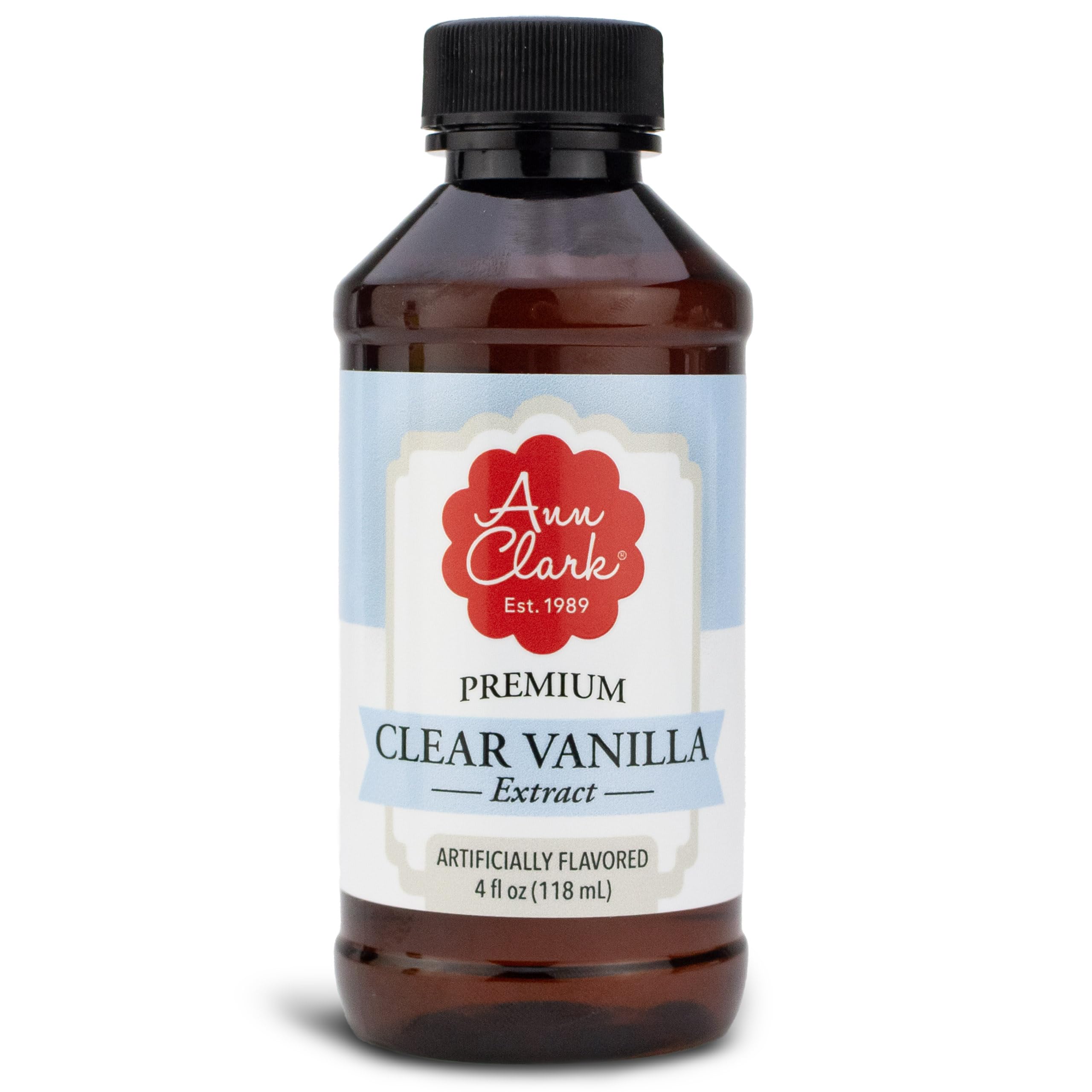 Ann Clark Premium Clear Vanilla Extract label closeup showcases quality from a trusted family brand.