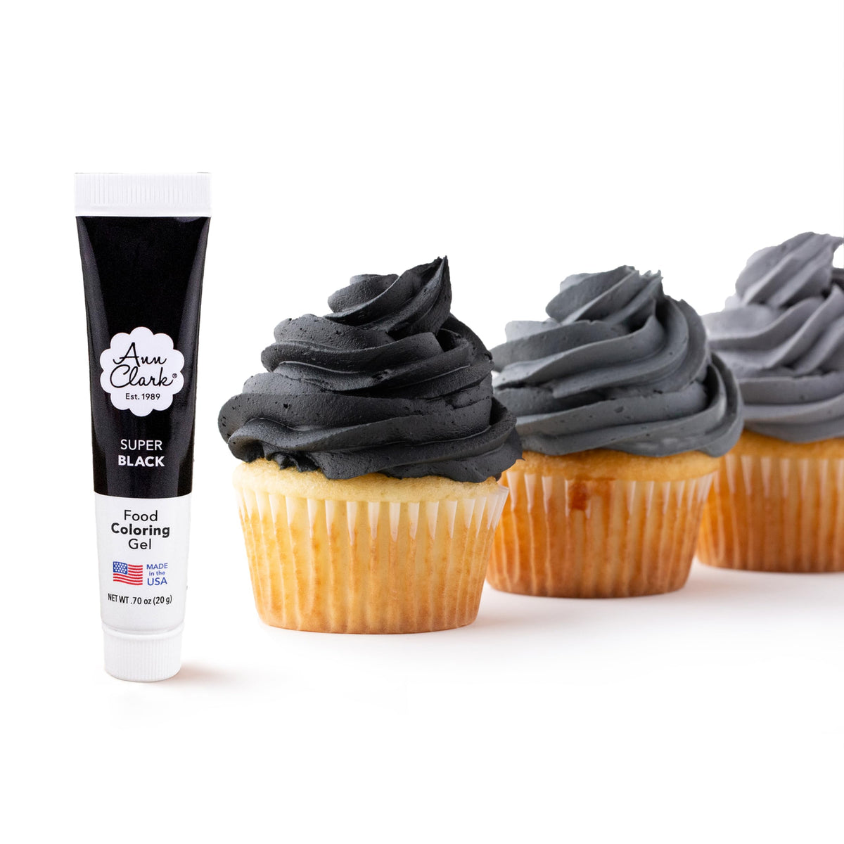 Ann Clark Super Black Gel bottle front shows premium color for icing