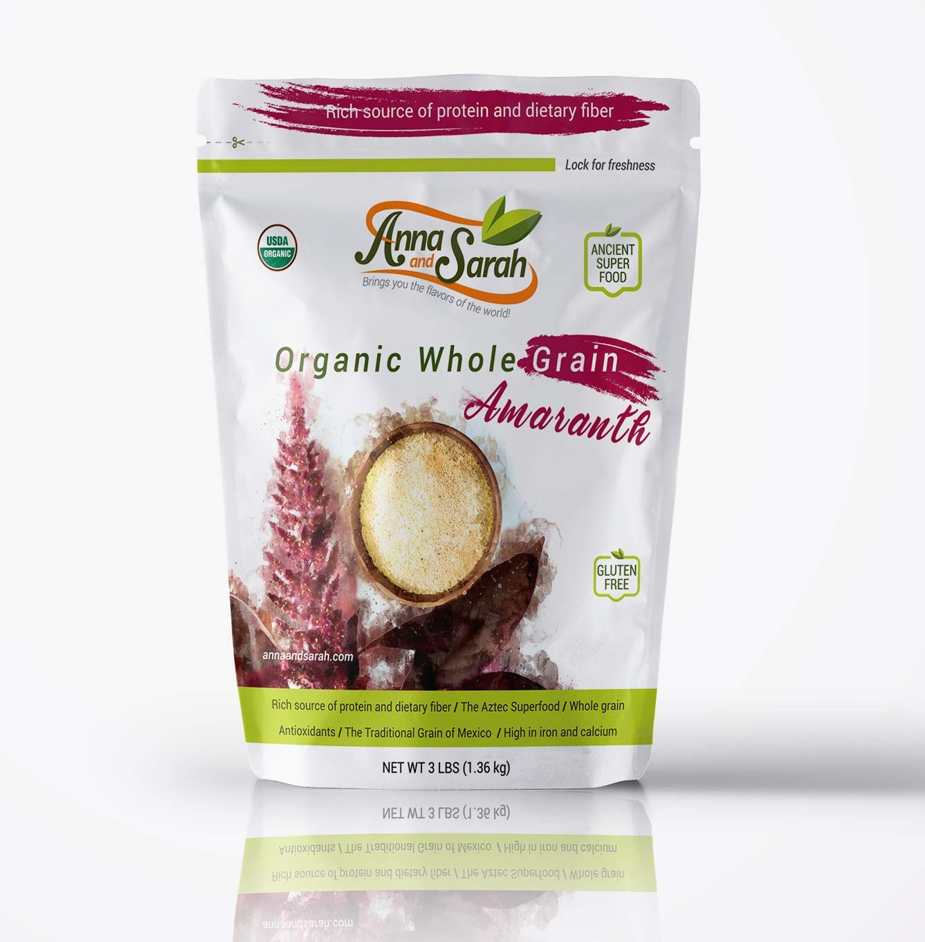 Open bag of Anna and Sarah amaranth with measuring cup for recipes
