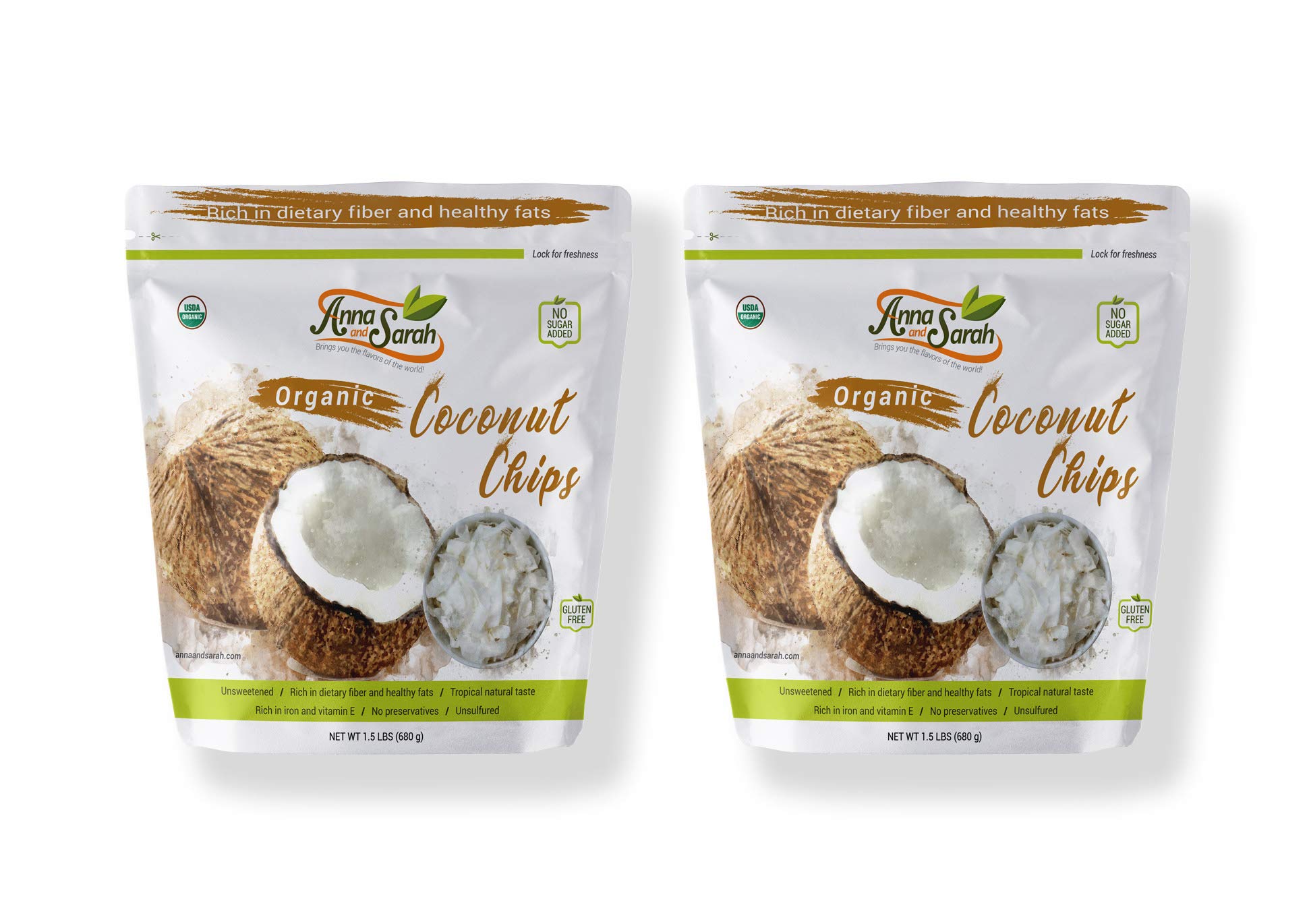 Anna and Sarah coconut chips packaging on shelf shows USDA Organic verification.