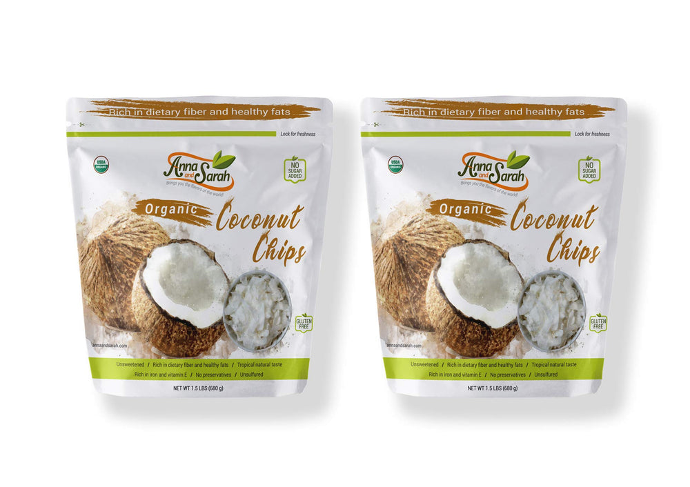 Anna and Sarah coconut chips packaging on shelf shows USDA Organic verification.