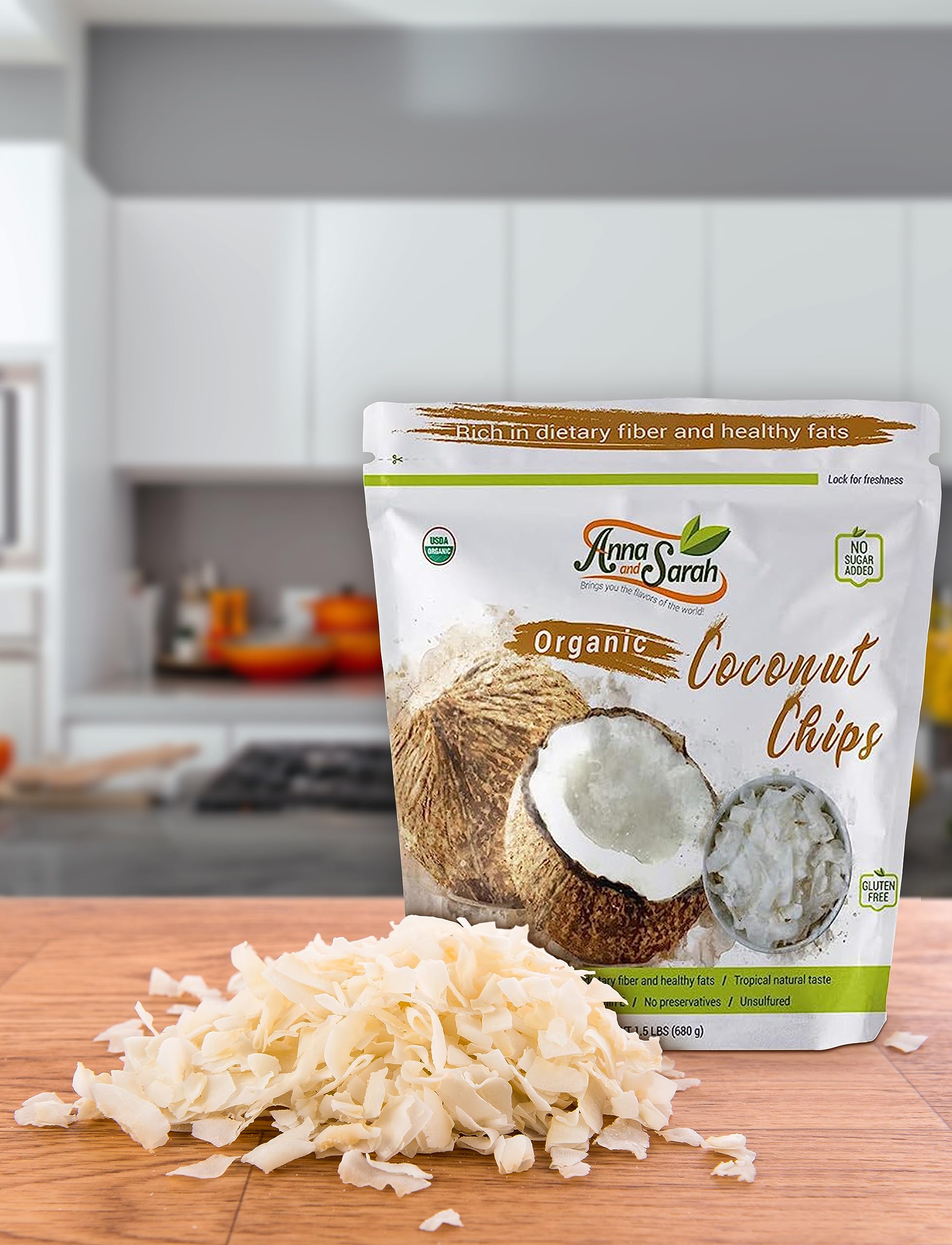 Anna and Sarah coconut chips in a bowl for snacking ideas.